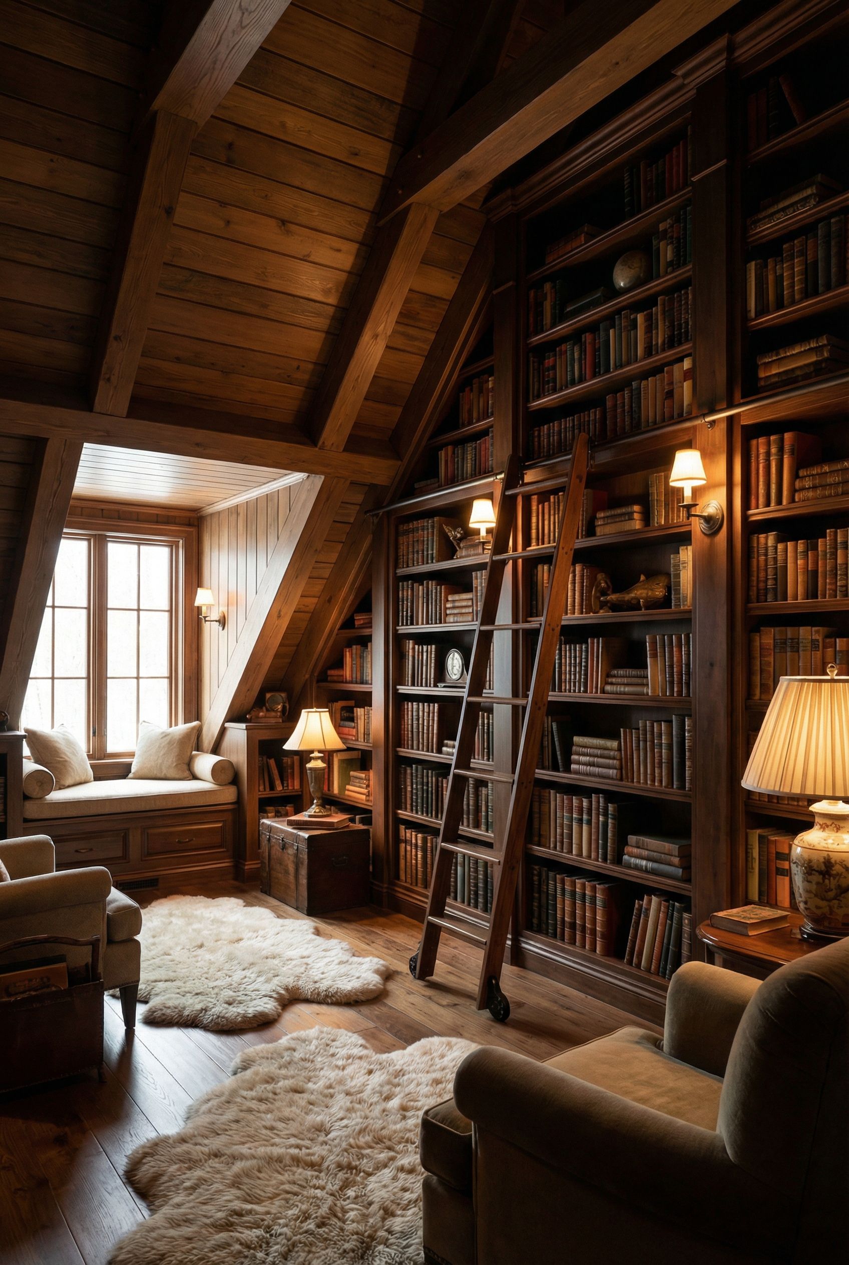 Attic Library with Ladder-Access Shelving and Soft Ambient Lighting