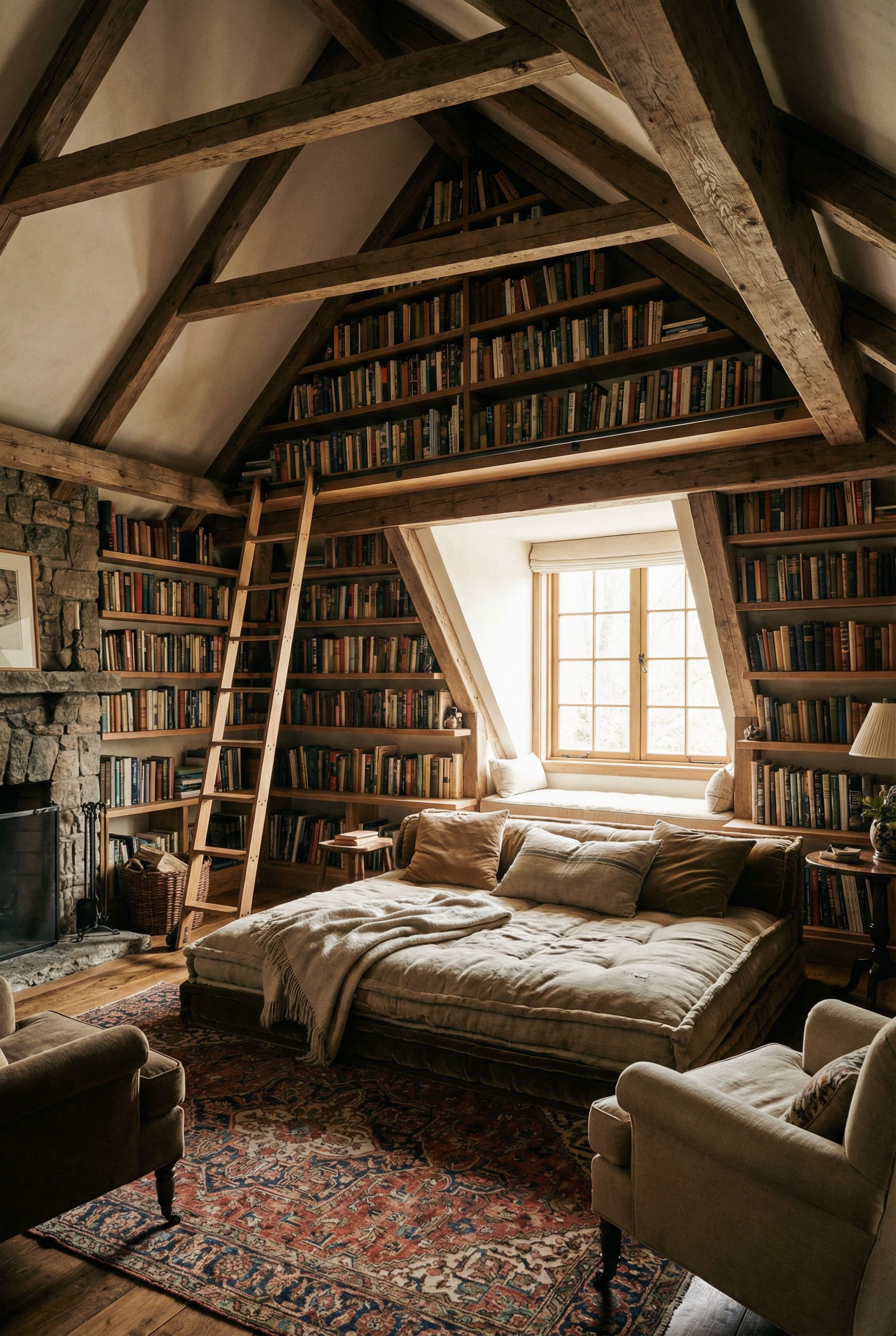 Attic Library with Tiered Shelves and a Deep Floor Cushion Lounge
