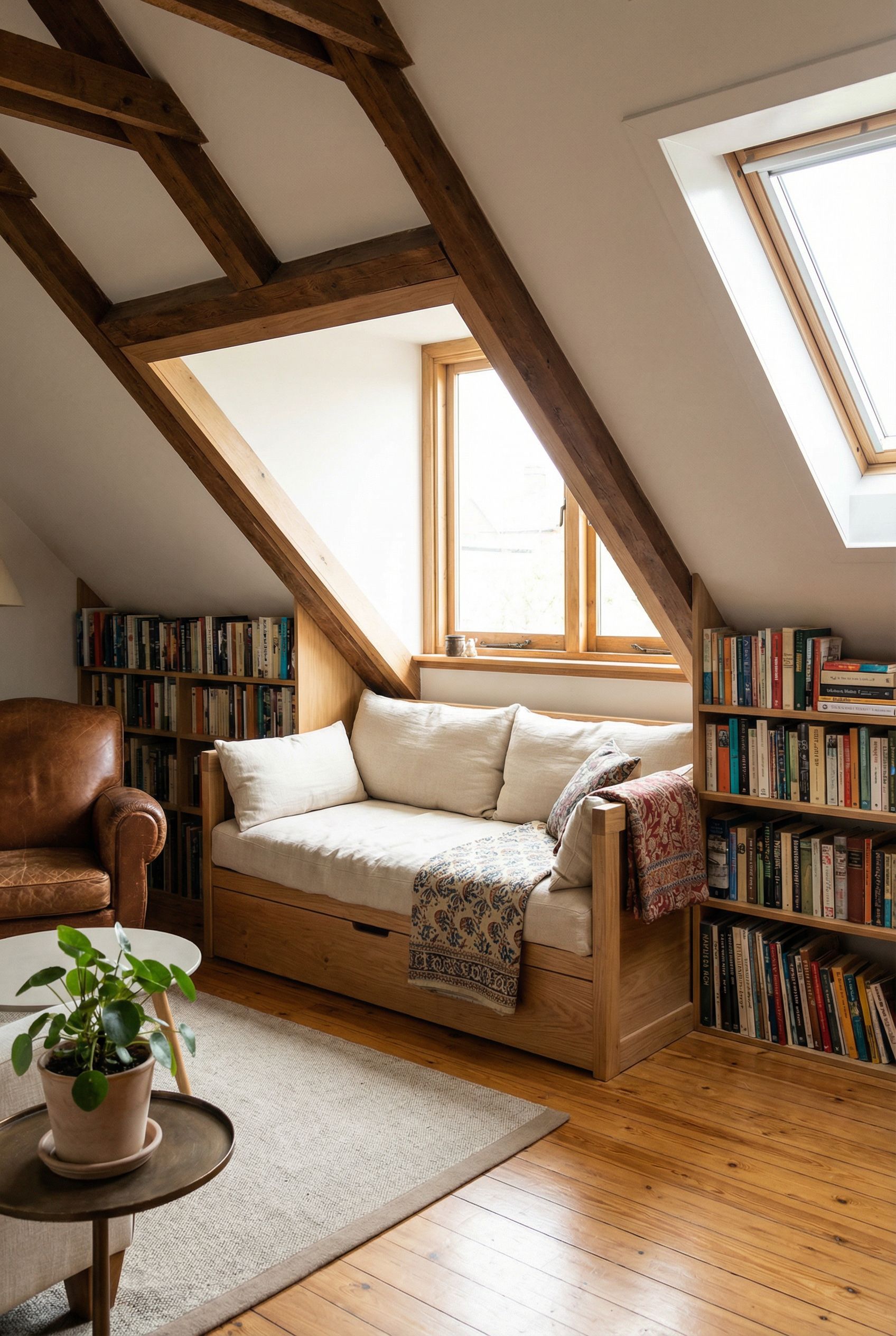 Attic Loft with Built-In Daybed and Books Shelved Beneath the Eaves