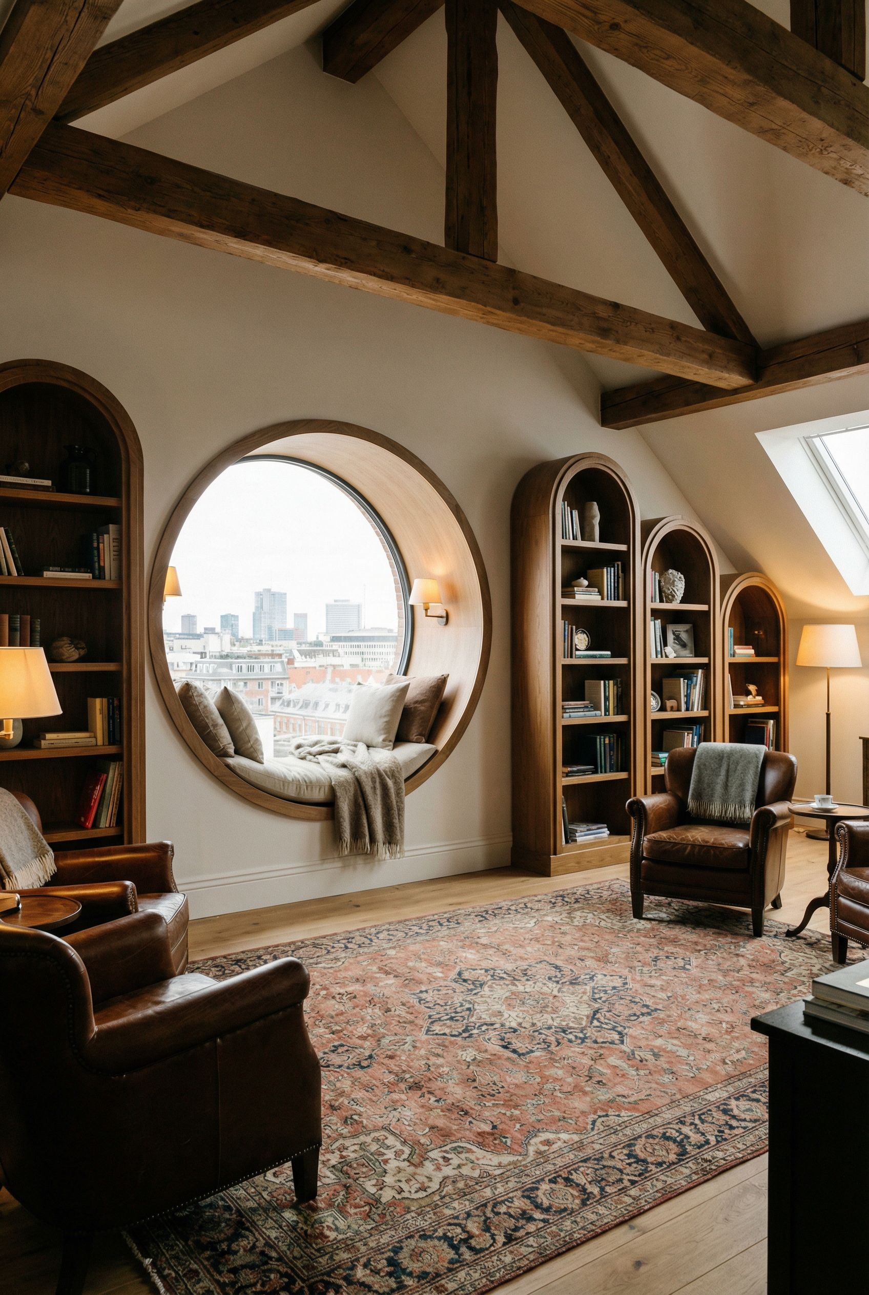 Attic Lounge with Circular Window Reading Nook and Arched Bookcases