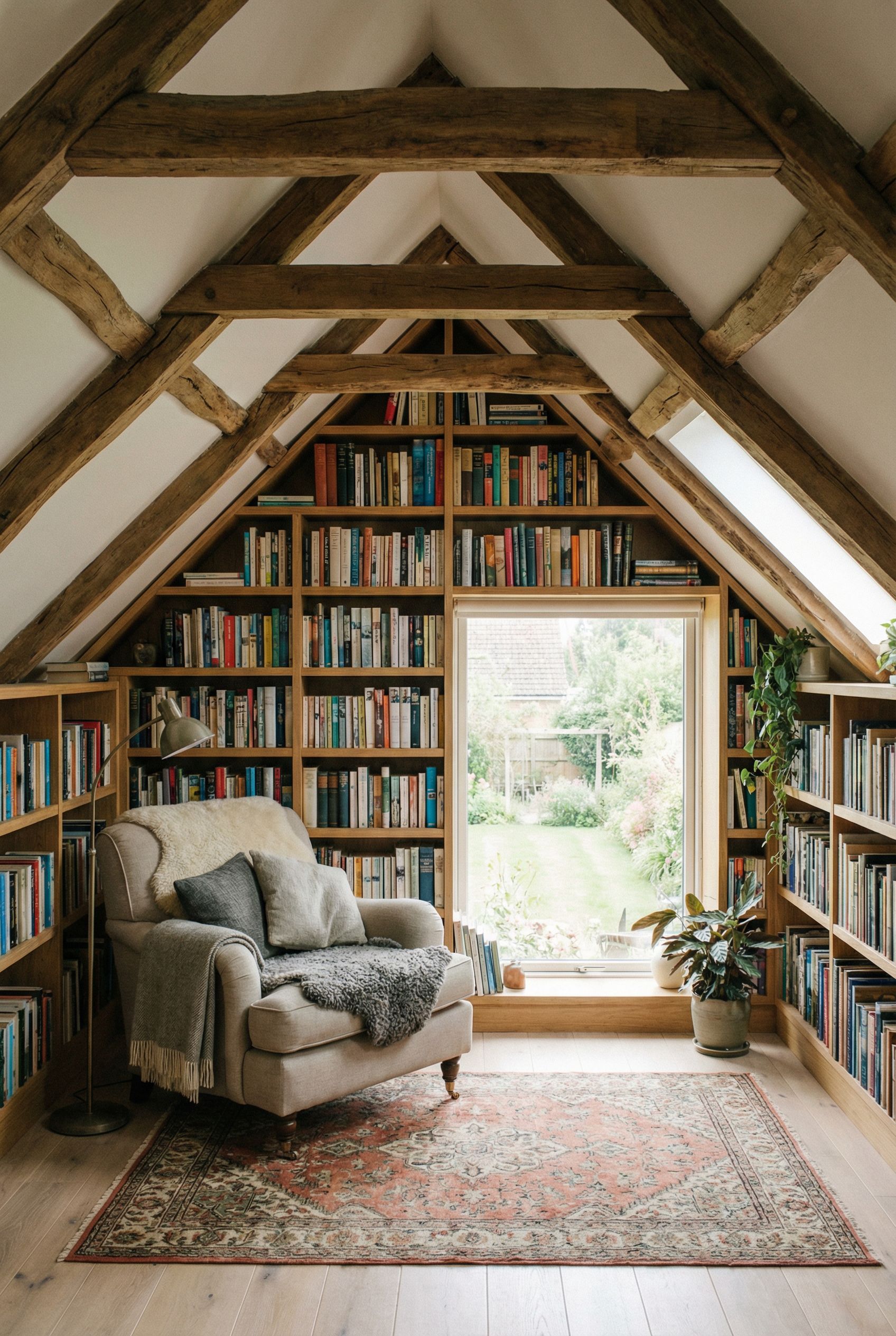 Attic Reading Corner with Exposed Beams and Custom Wall-to-Wall Shelves