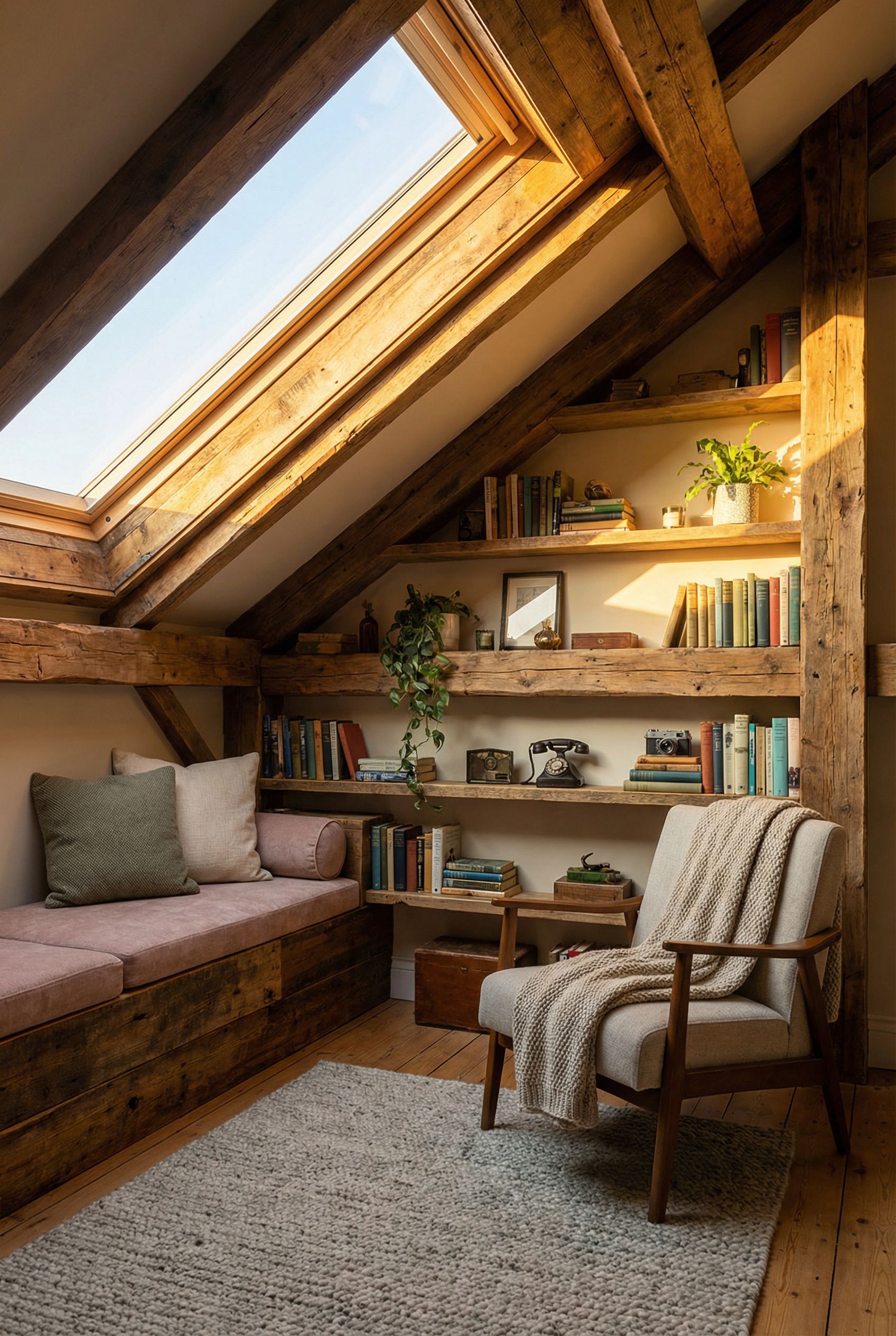 Attic Reading Den with Rustic Wood Shelving and Ambient Skylight Glow
