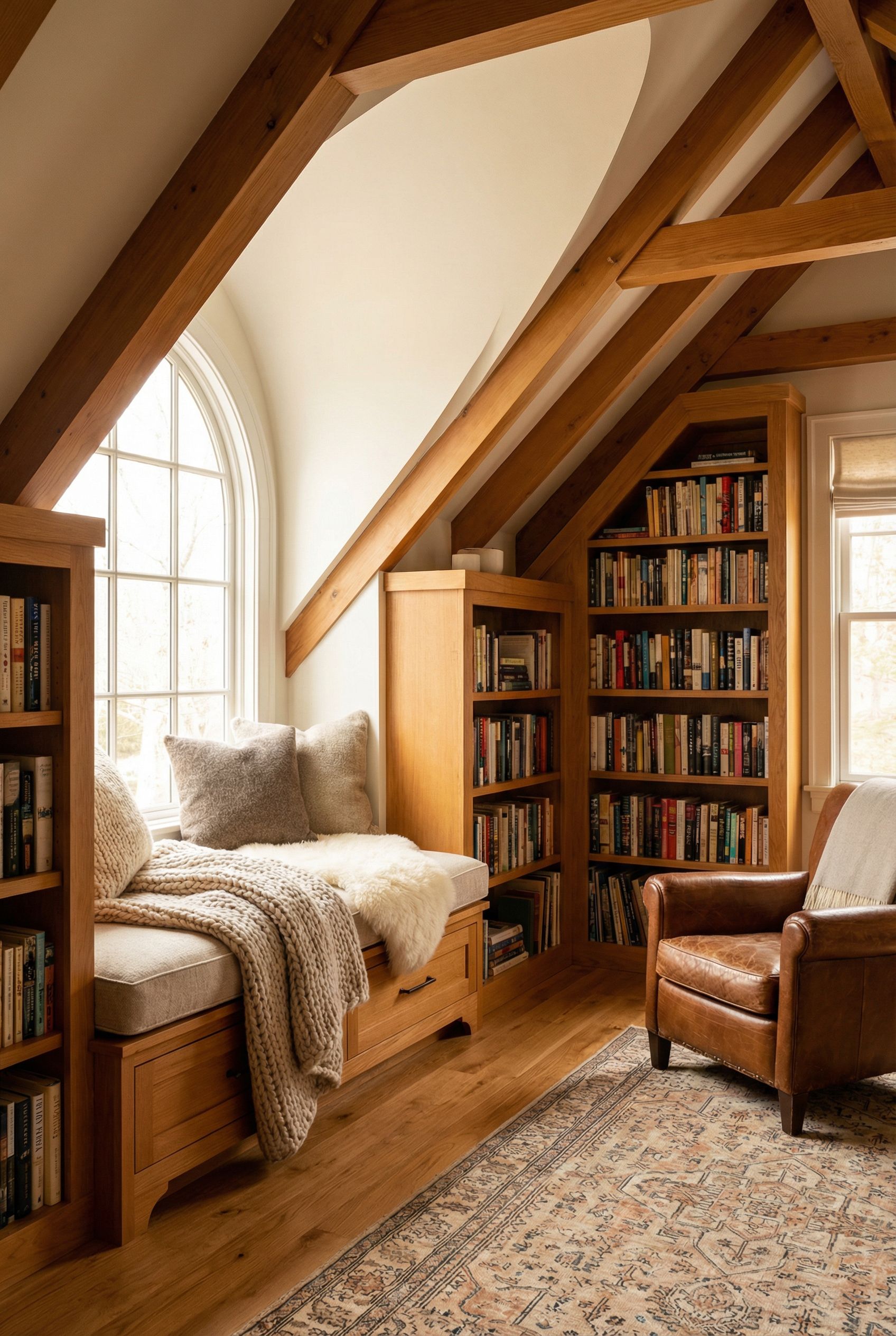 Attic Reading Haven with Warm Wood Shelving and Layered Textures