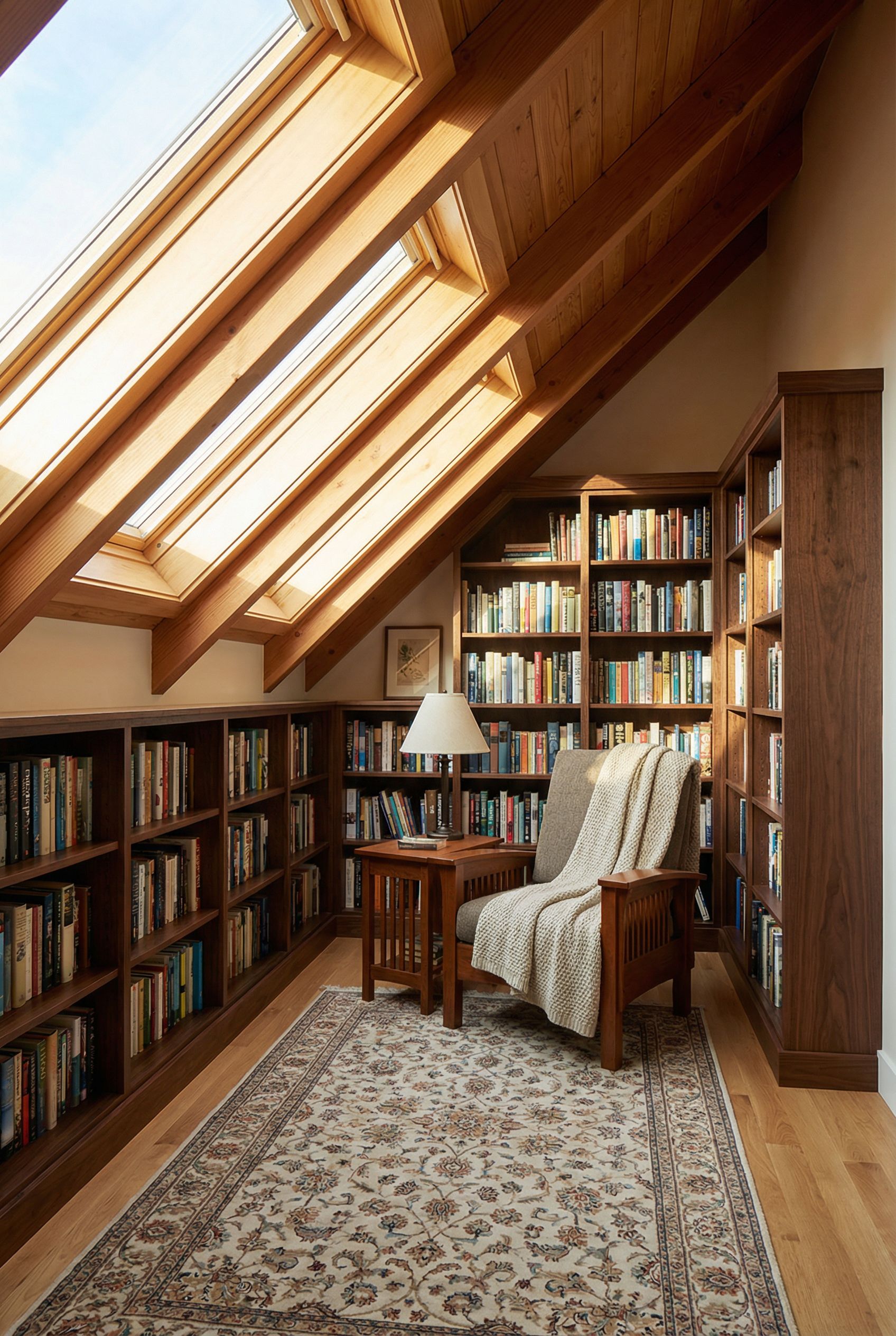 Attic Reading Loft with Skylight Windows and Wraparound Book Shelves
