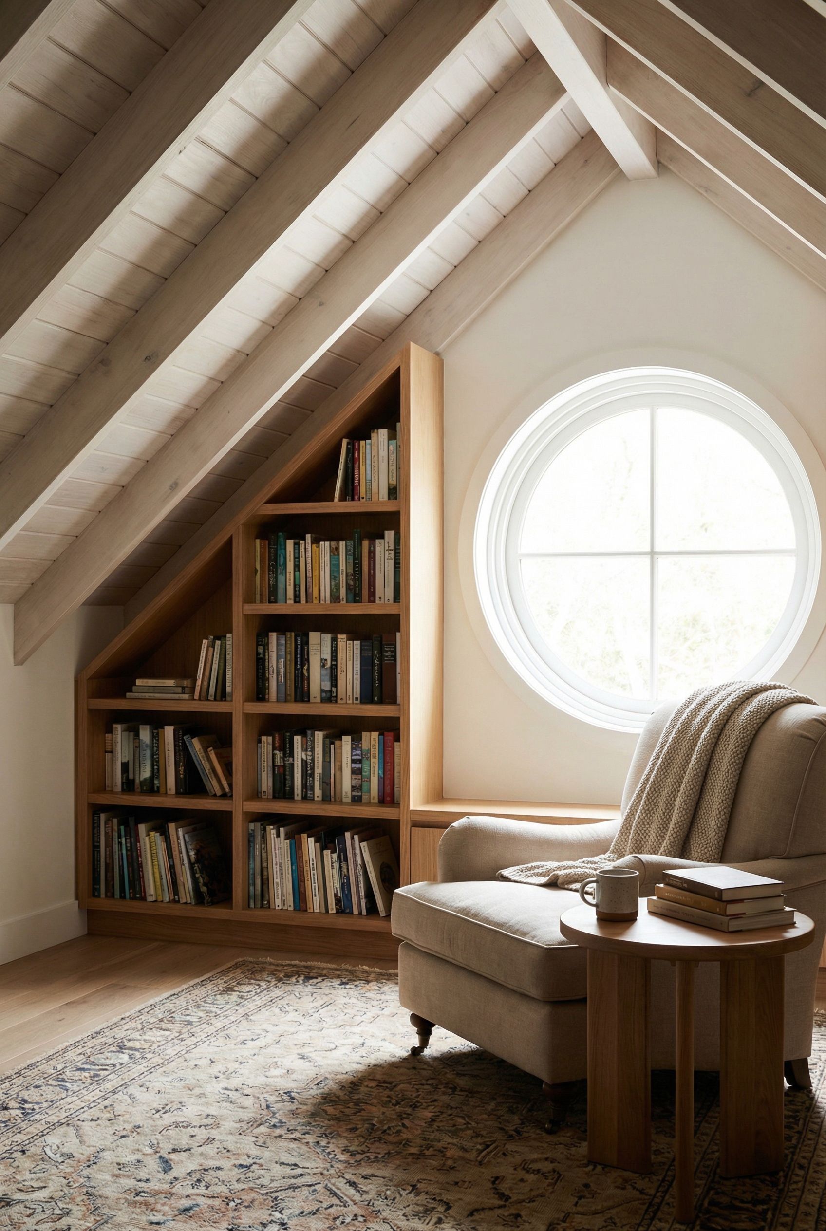 Attic Reading Nook with Built-In Shelving Under the Sloped Ceiling