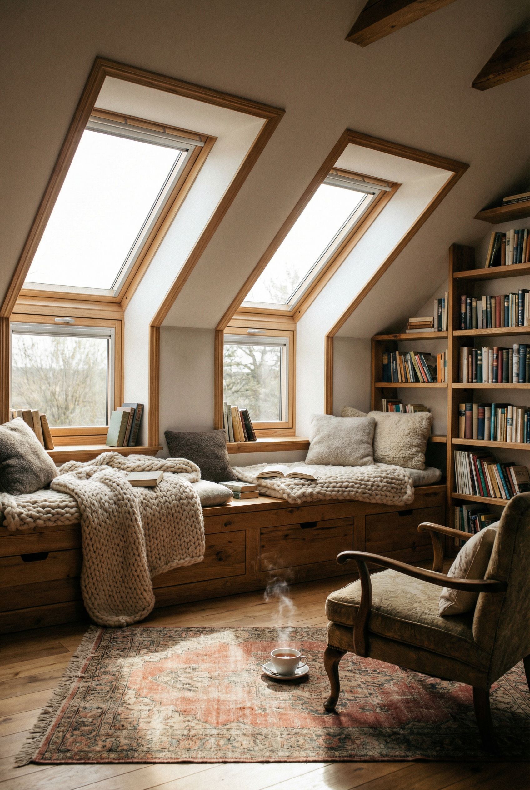 Attic Reading Nook with Dormer Windows and Cozy Built-In Benches