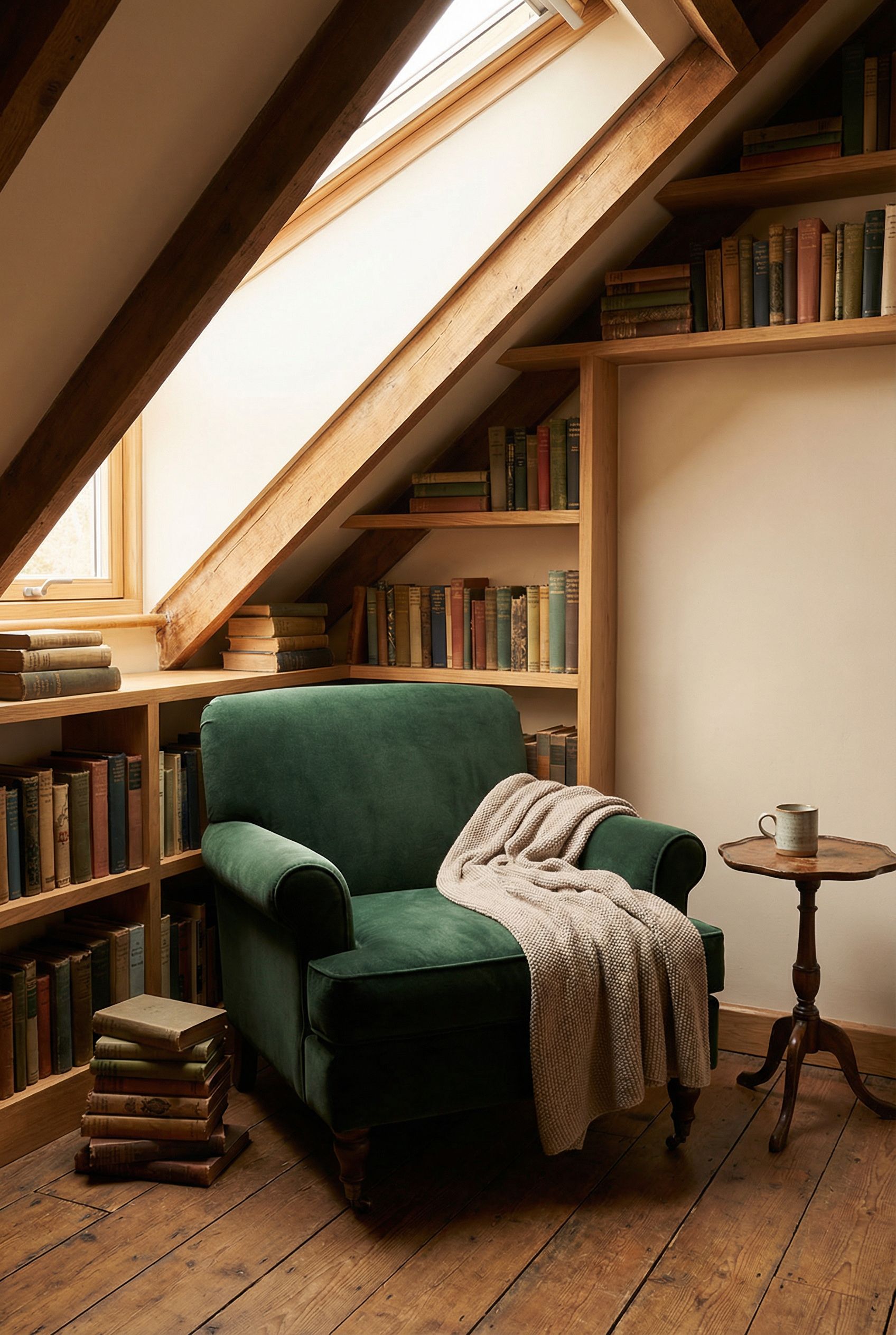 Attic Reading Nook with Velvet Chair and Books Tucked Into Every Niche
