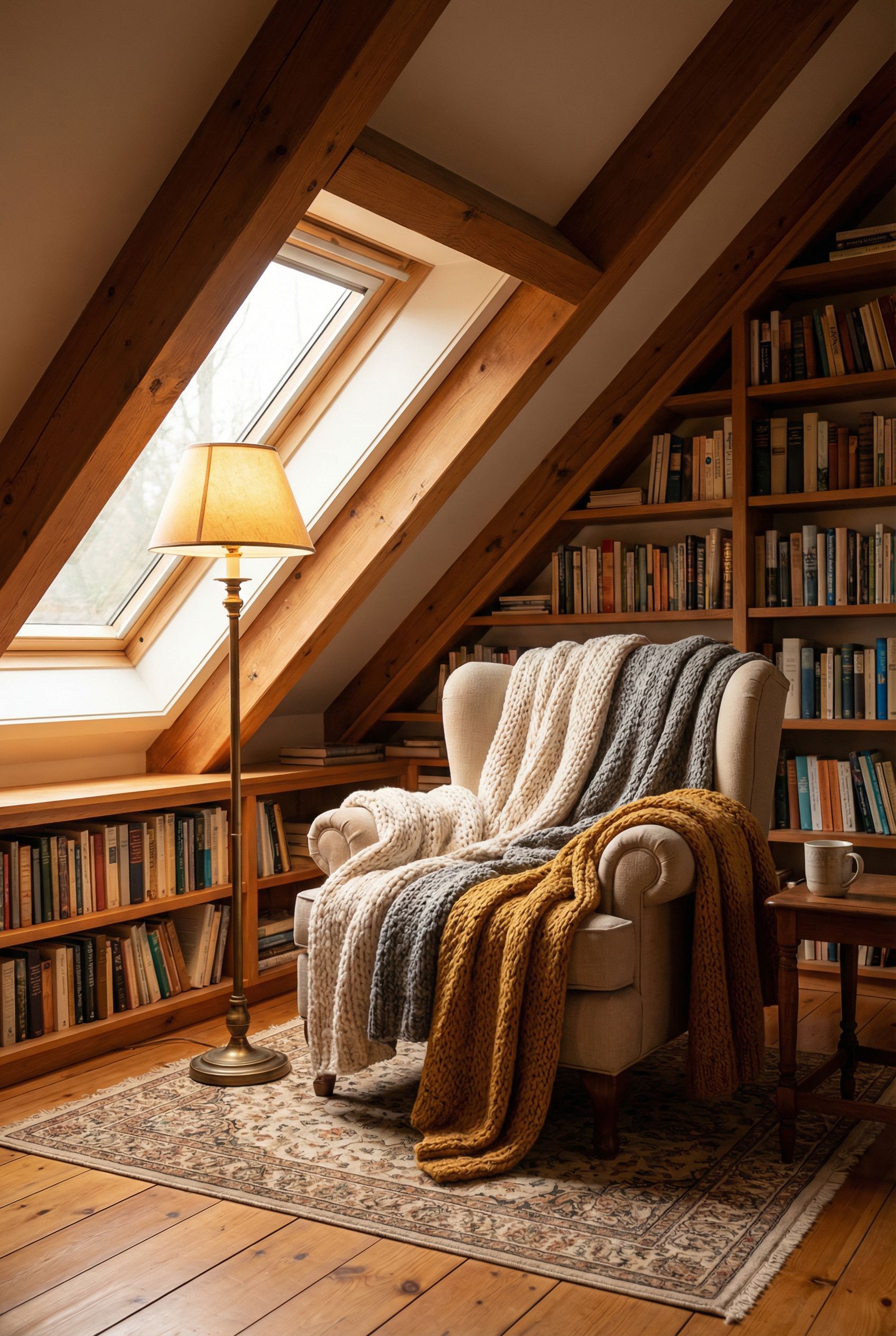 Attic Reading Retreat with Wraparound Shelves and Soft Throw Blankets