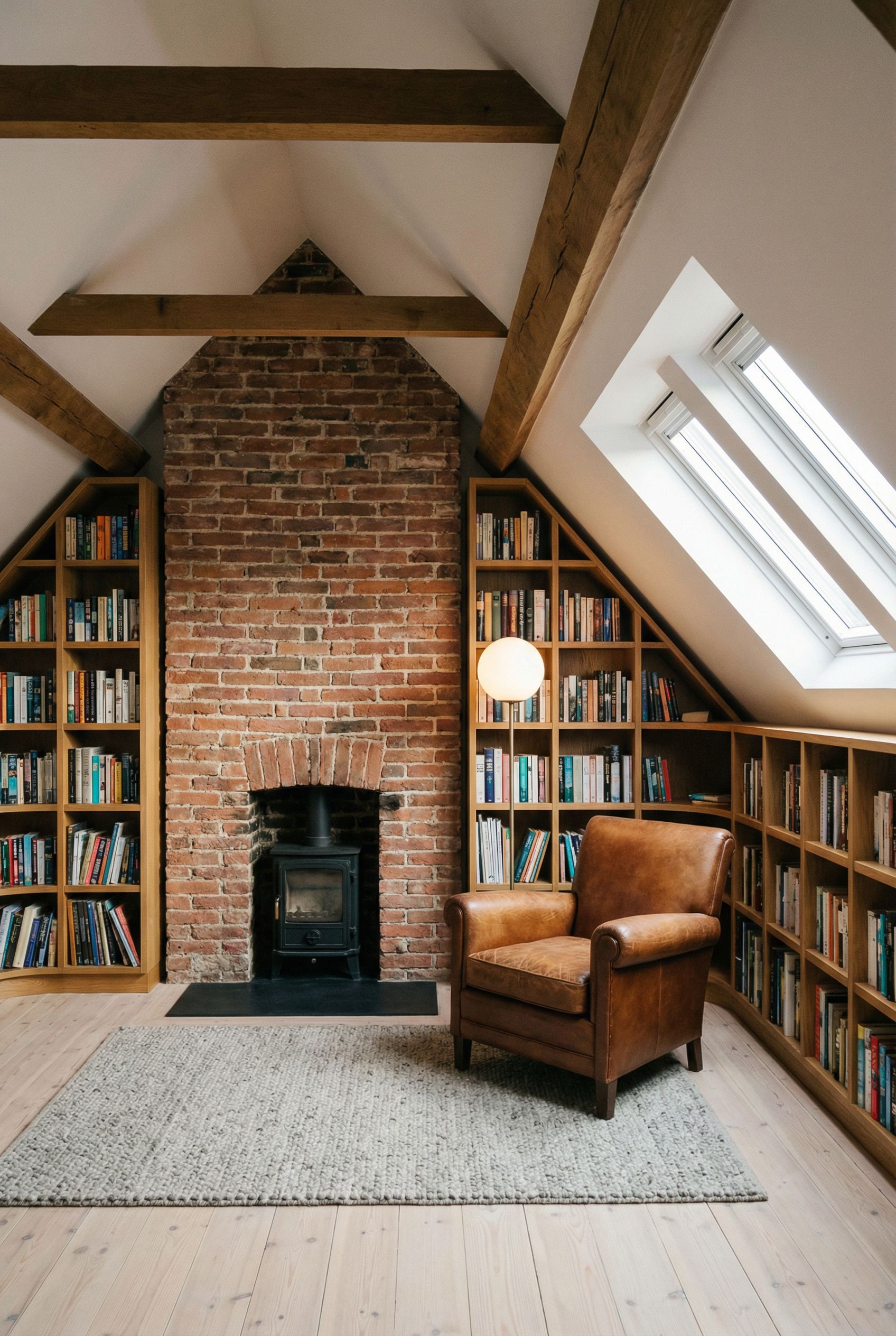 Attic Reading Room with Brick Accent Wall and Curved Book Shelving