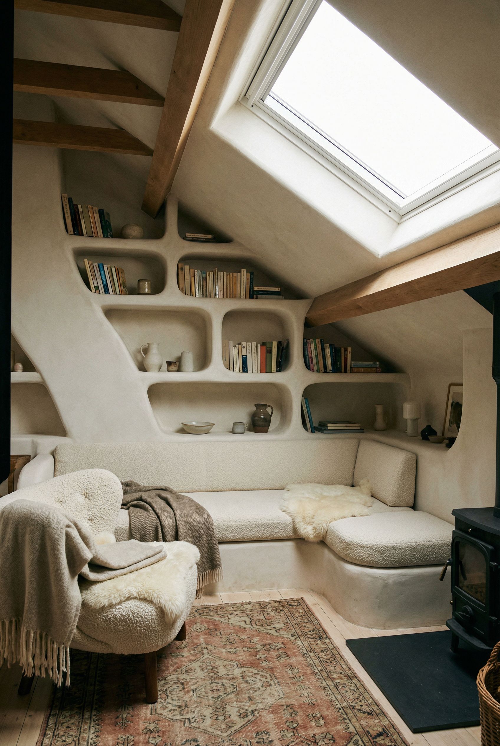 Attic Reading Space with Sculptural Shelf Niches and Cozy Upholstery
