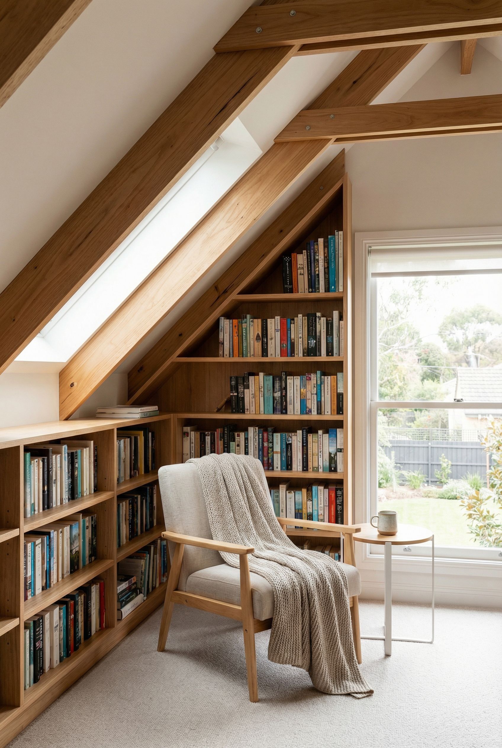 Attic Reading Space with Slanted Shelves Following the Roofline