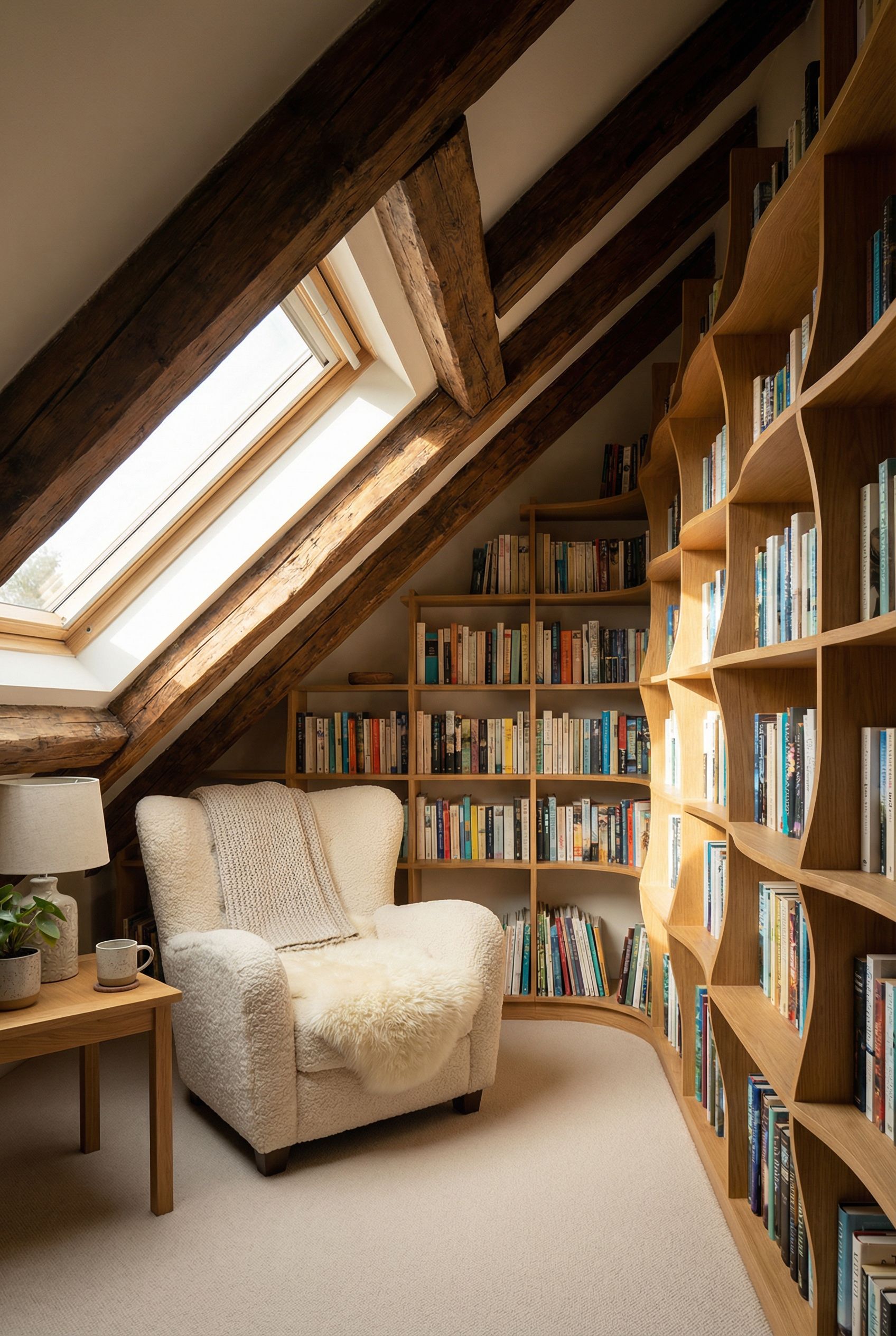 Attic Reading Spot with Rustic Beams and a Sculptural Bookshelf Wall
