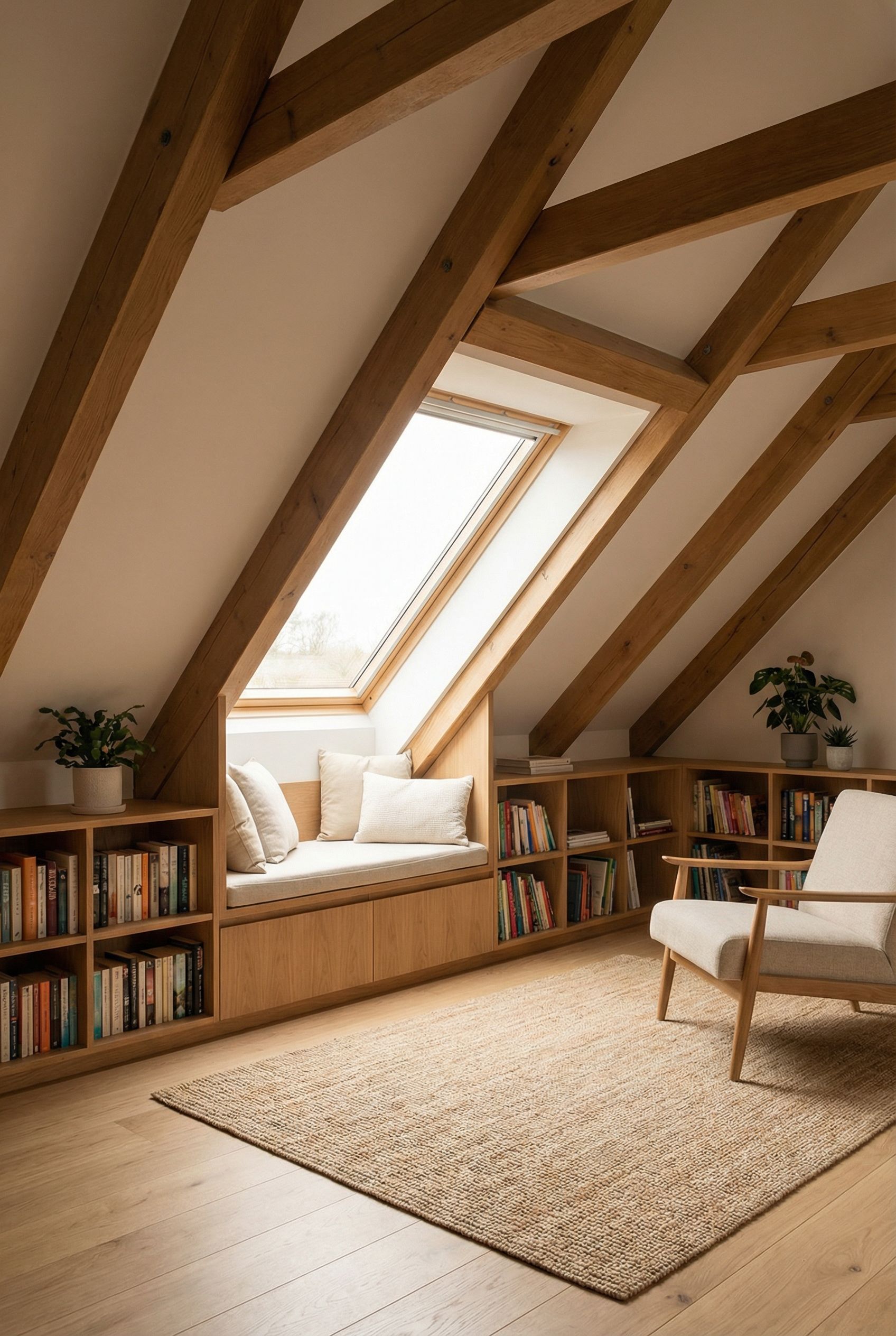 Attic Retreat with Skylight Reading Nook and Low Perimeter Book Storage