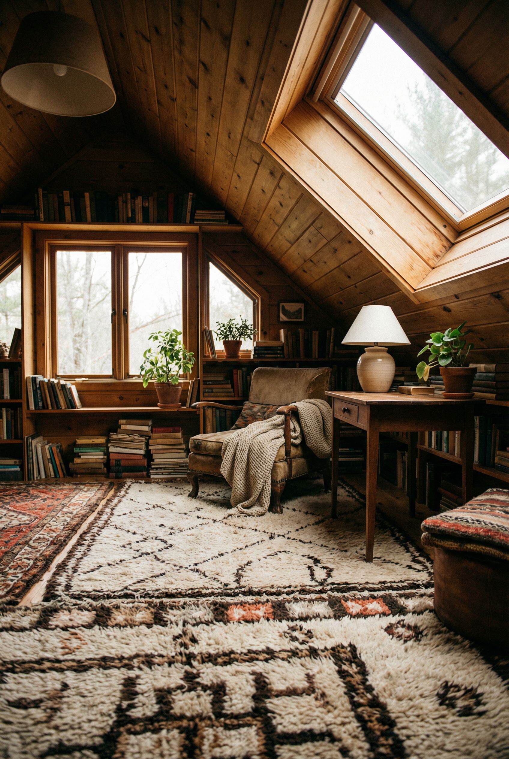 Attic Sanctuary with Thick Rugs and Books Stacked Along the Angled Walls