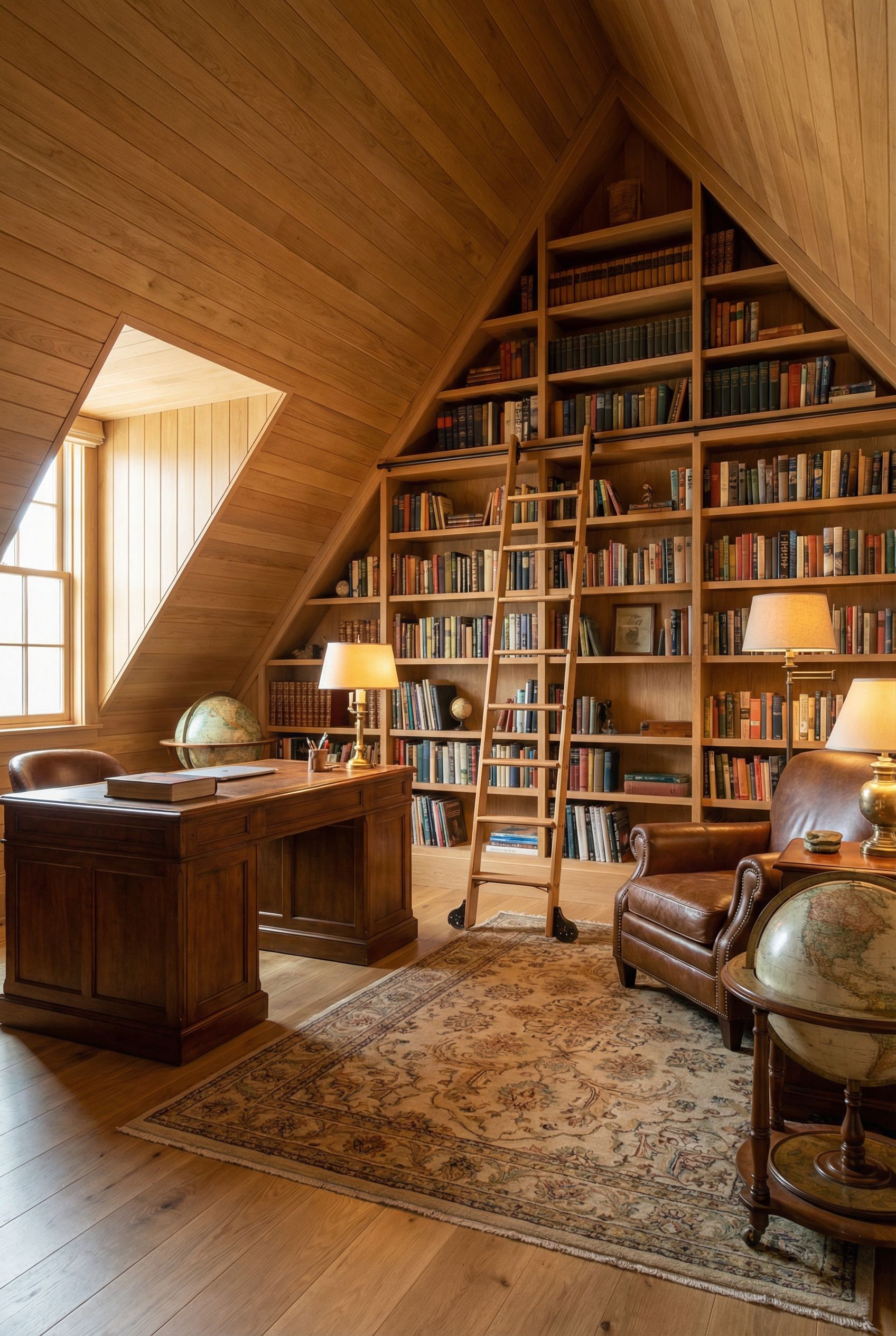 Attic Study with Paneled Walls and Laddered Shelves Up the Gable