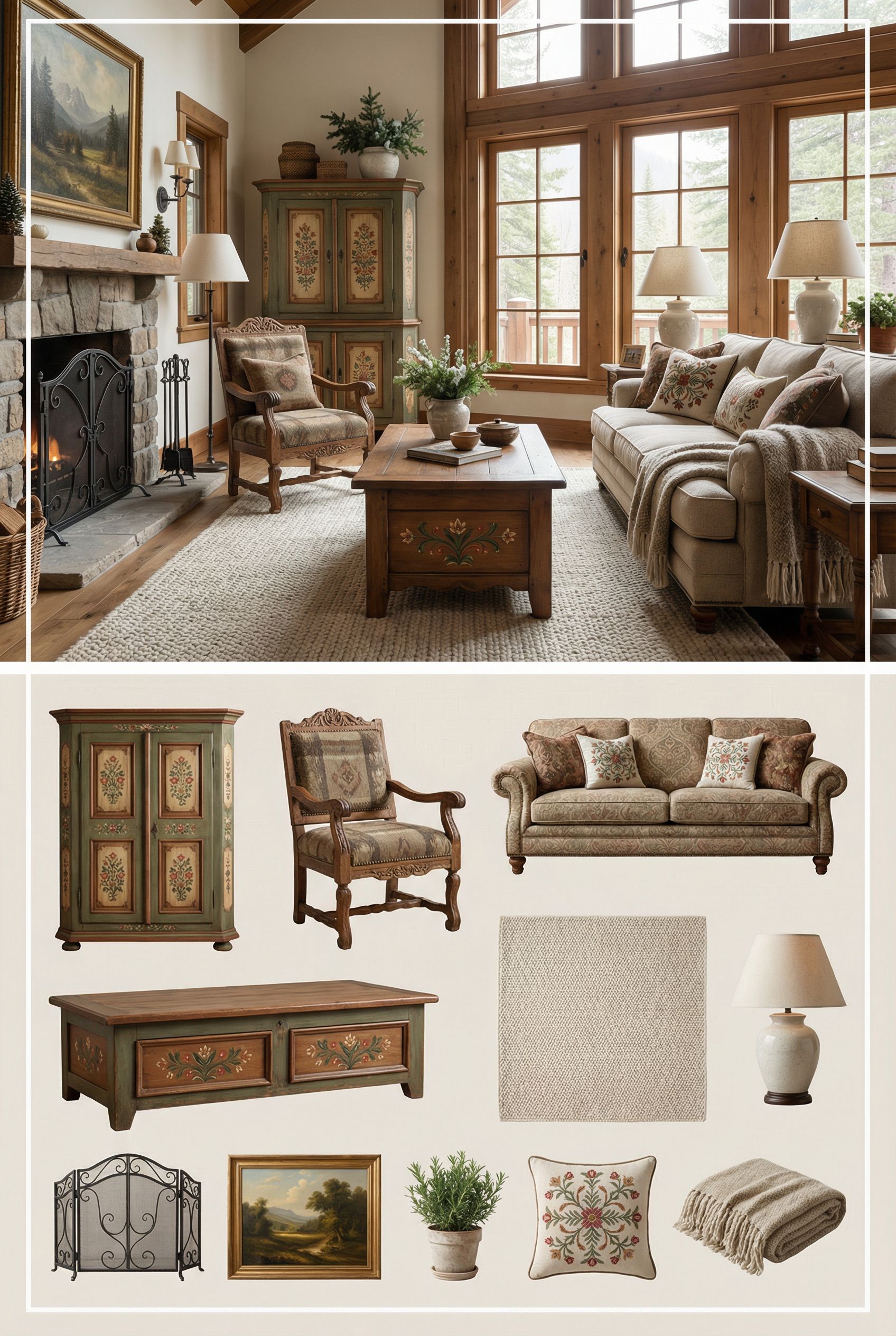 Austrian Lodge Room with Hand-Painted Furniture