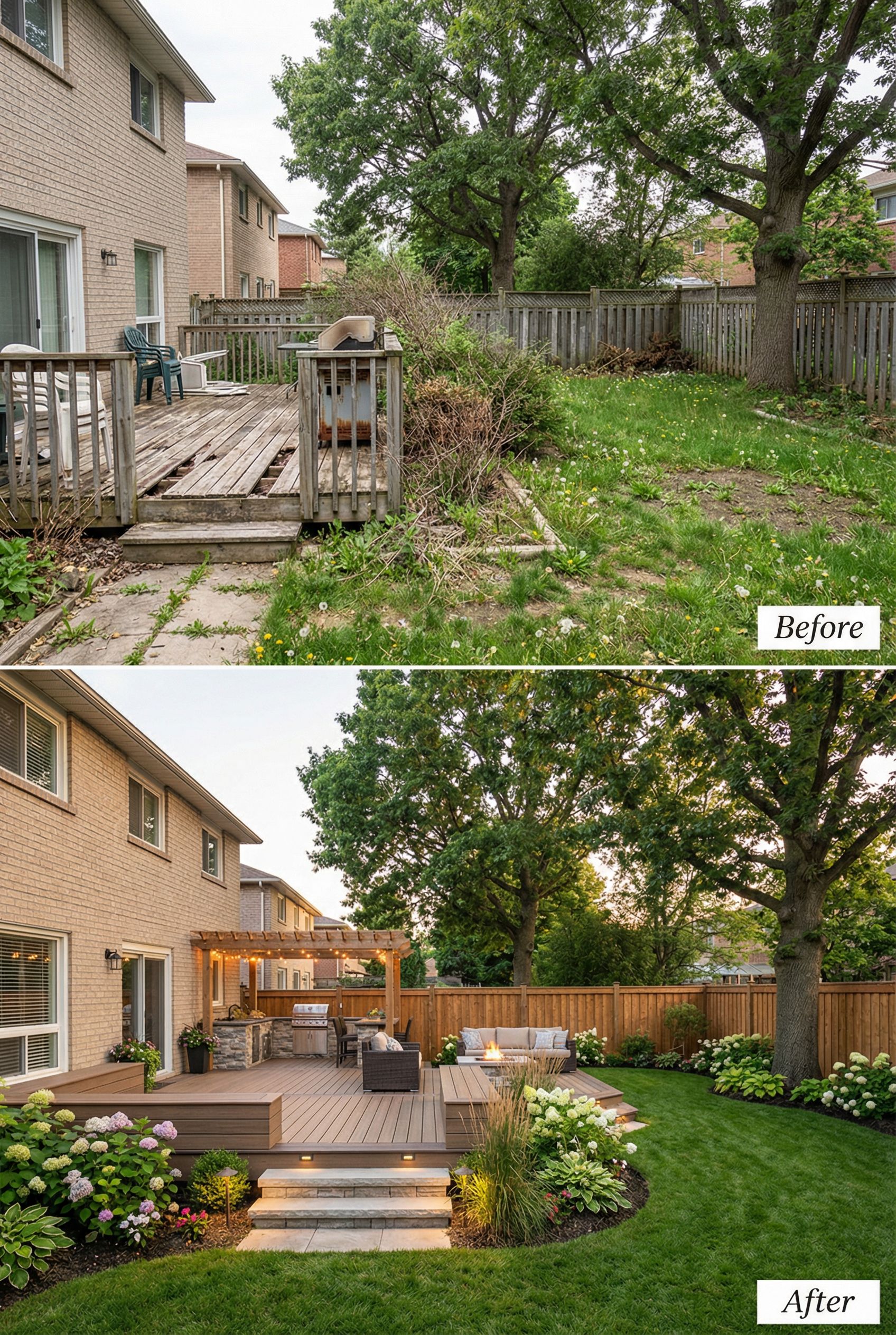 Bare backyard deck remade into a tiered pergola-wrapped sanctuary