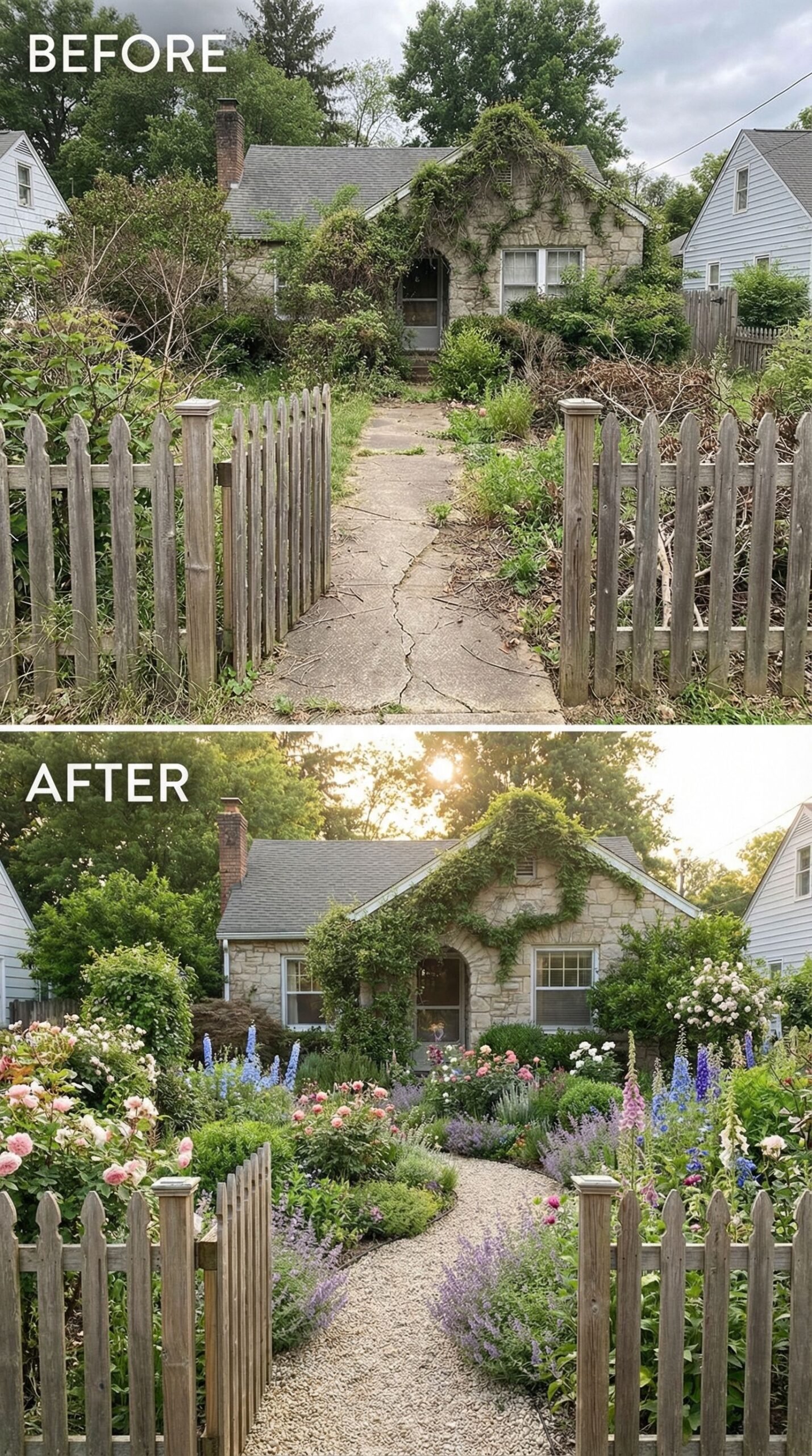 Bare Concrete Walkway → Inviting Flagstone Garden Path