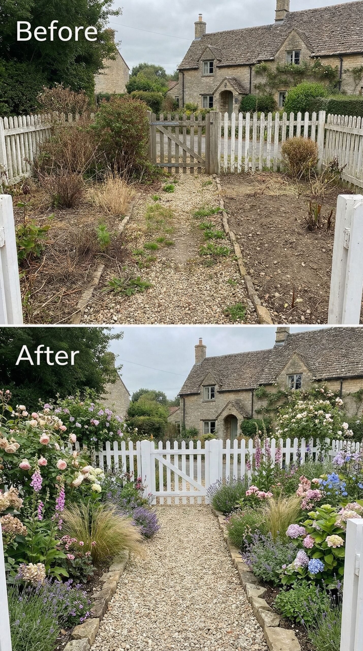 Bare Dirt Entryway → Lush Cottage Garden Oasis