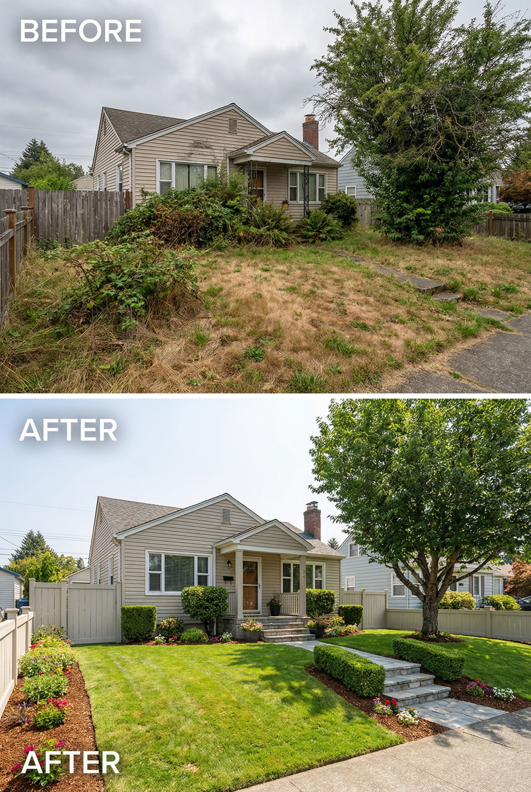 Bare Dirt Front Yard → Lush Mediterranean Landscape