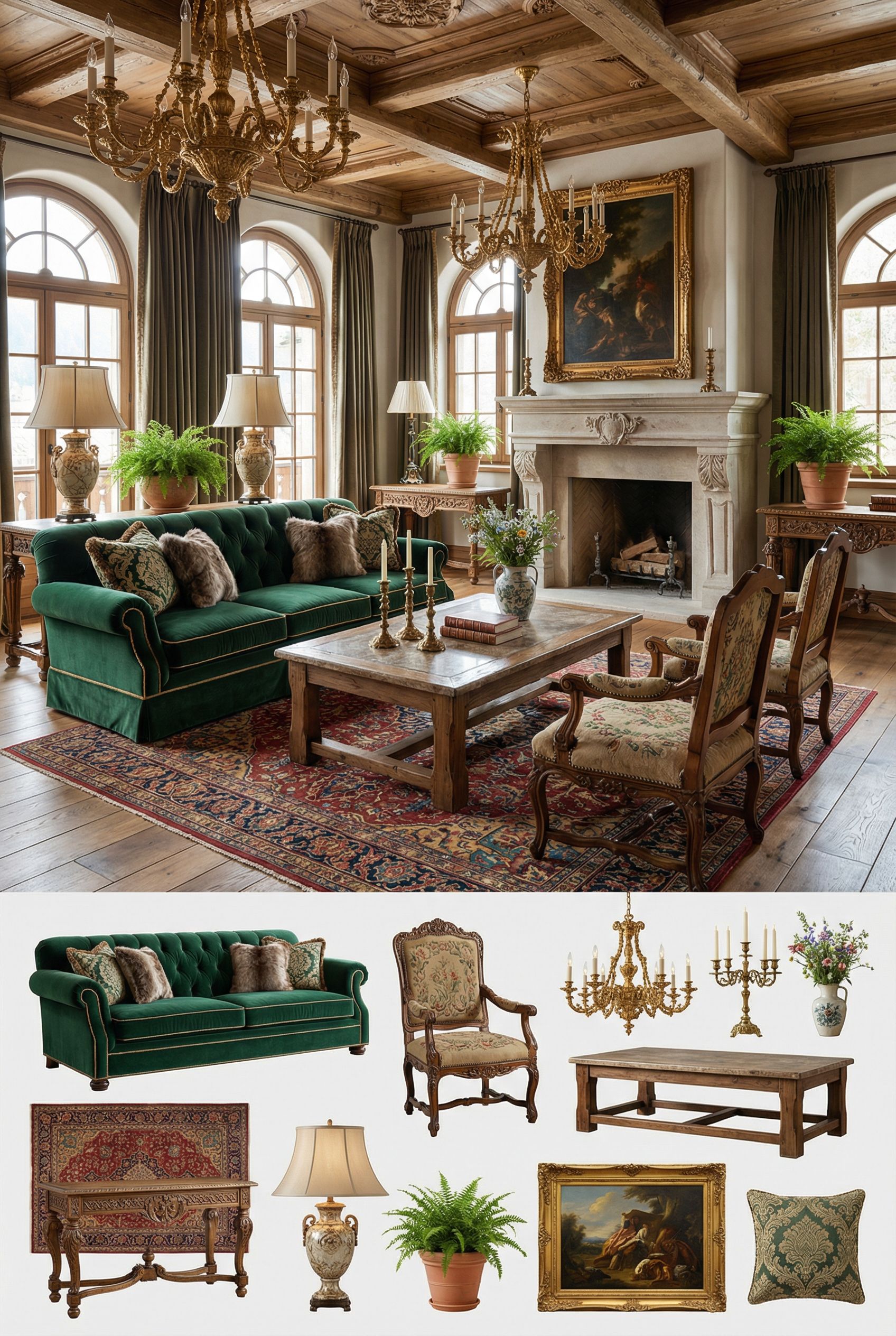 Baroque Meets Alpine Living Room with Ornate Chandeliers