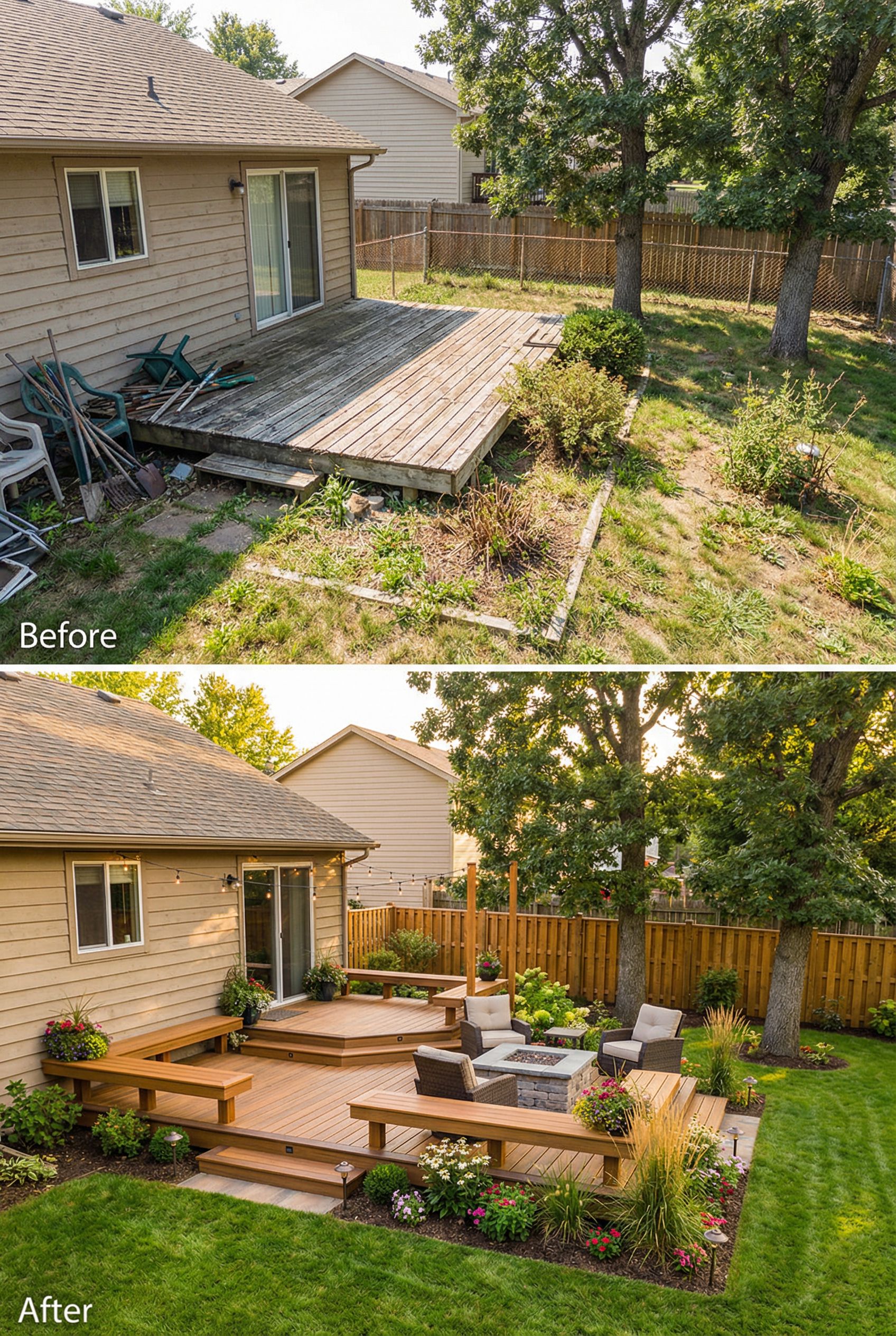 Basic backyard deck rebuilt into a two-story dining and fire lounge