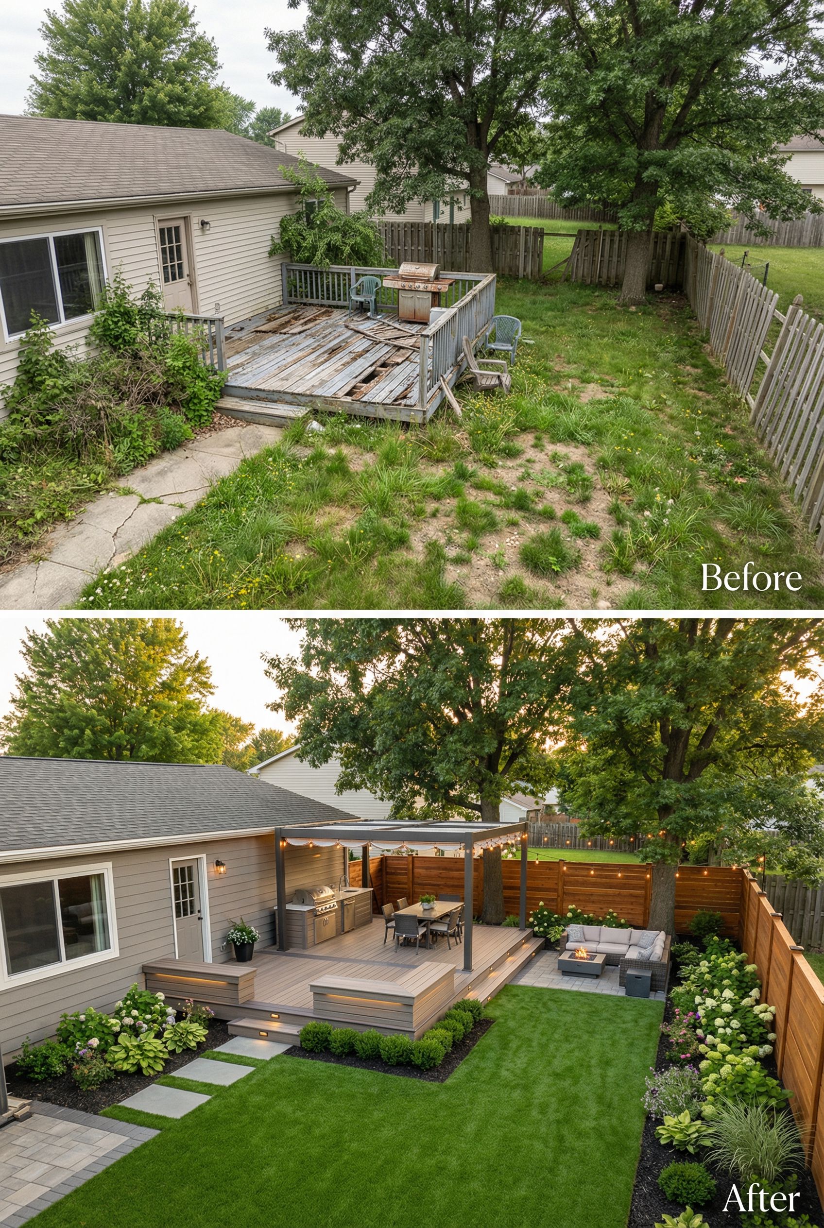 Basic backyard deck shifted into a tiered boho-coastal chill zone