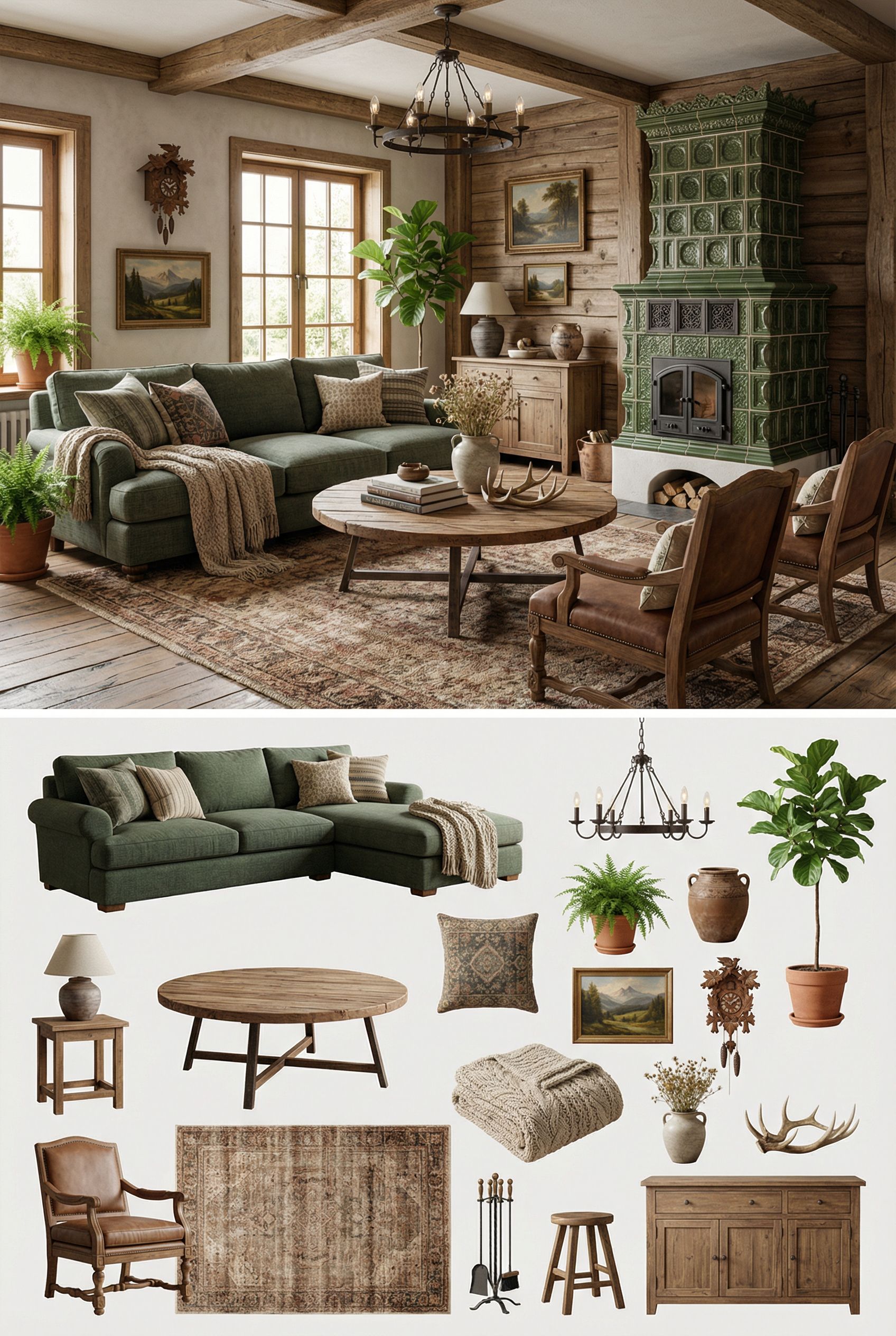 Bavarian Chalet Space with Traditional Kachelofen Stove