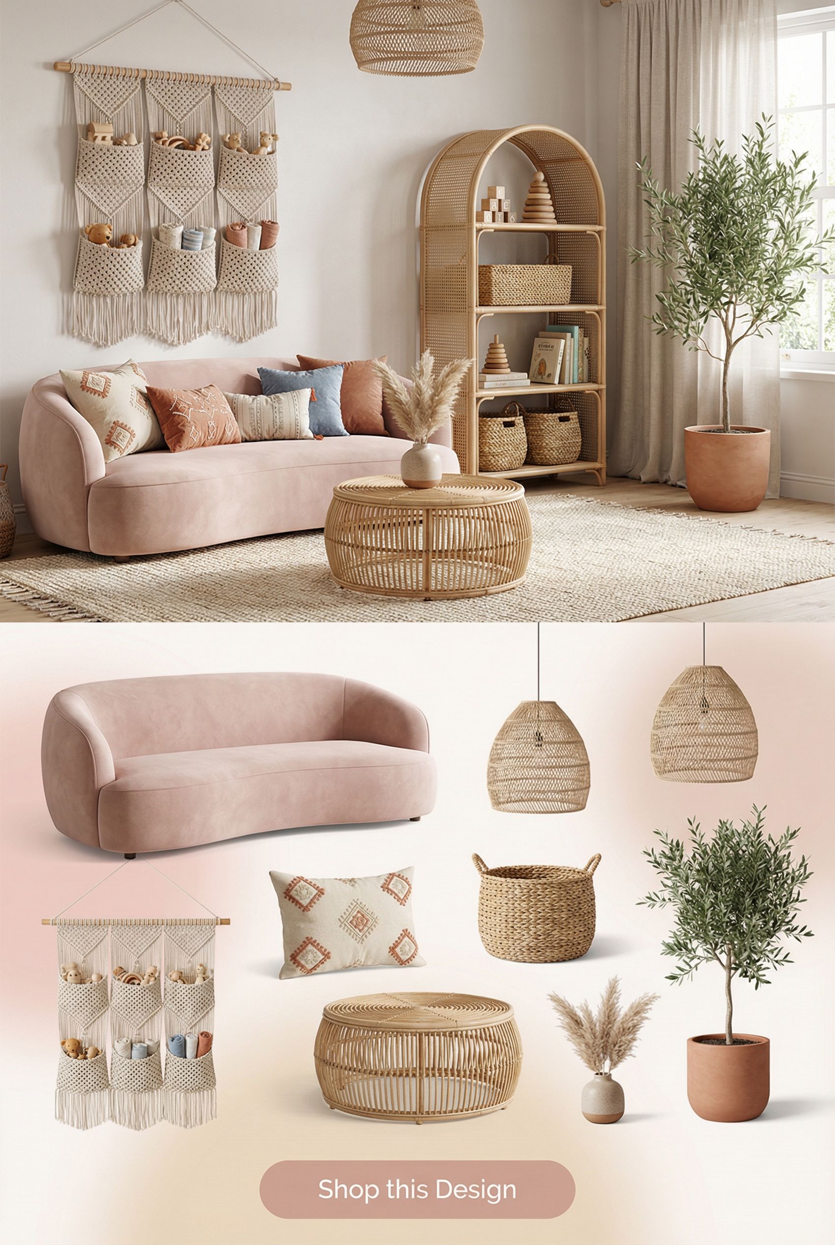 Bohemian Playroom with Macrame Hanging Organizers and Rattan Baskets