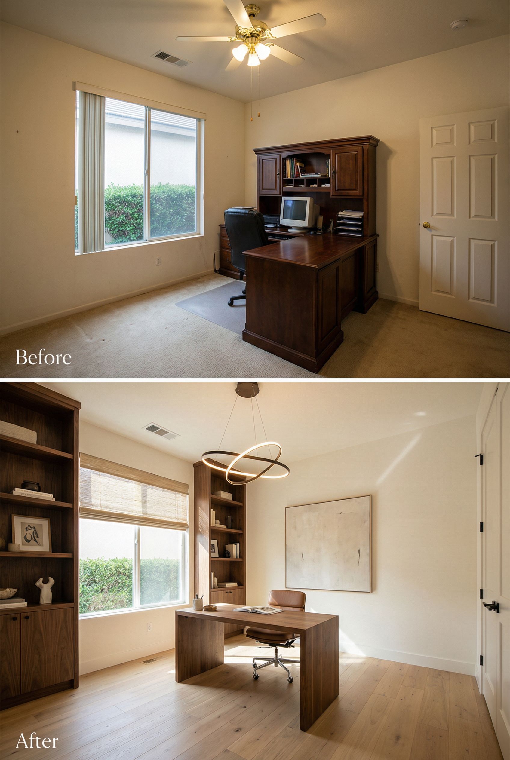 Boho-Infused California Modern Home Office with Layered Textures, Sculptural Bookcases, and a Relaxed Reading Corner