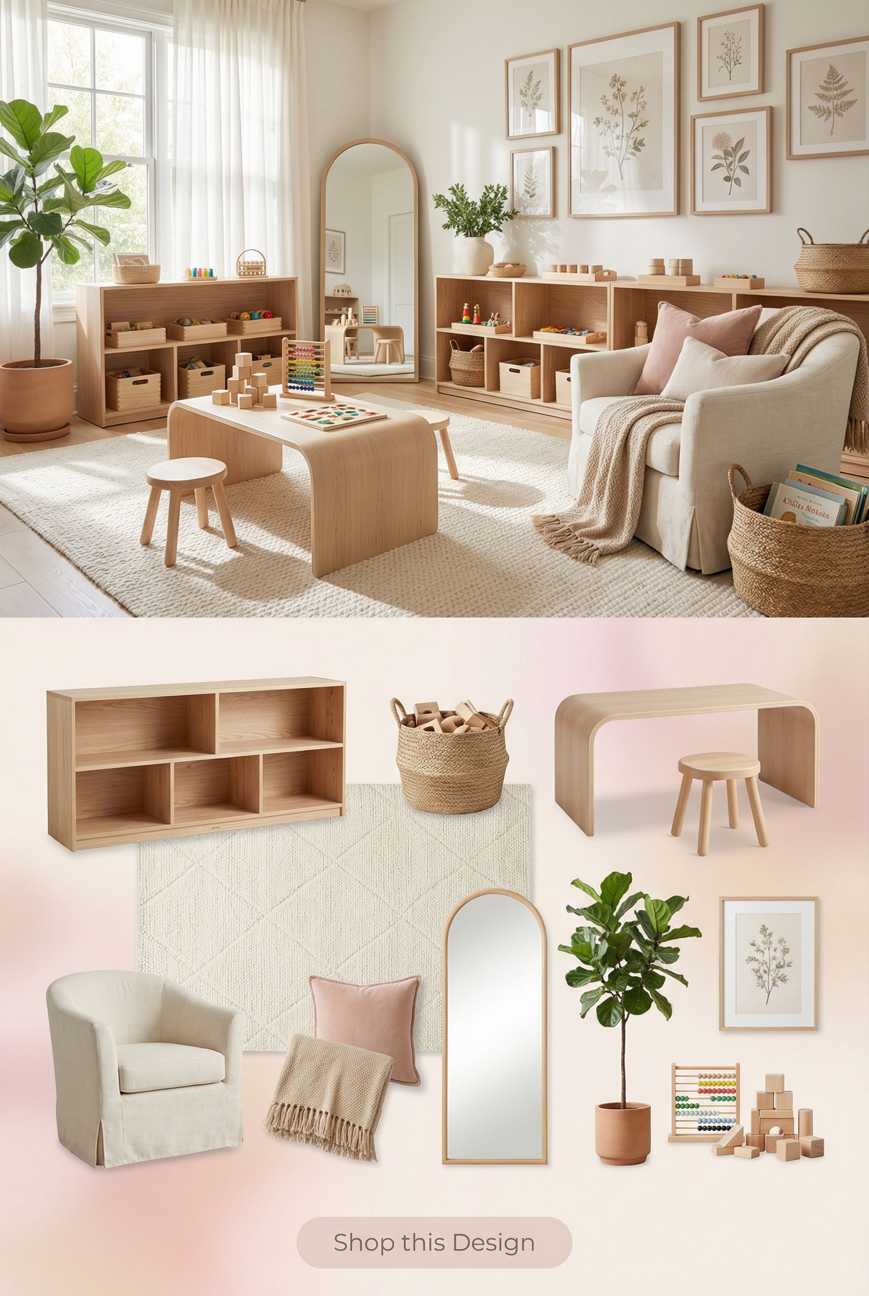 Bright Montessori Playroom with Low Open Shelving and Natural Wood Bins