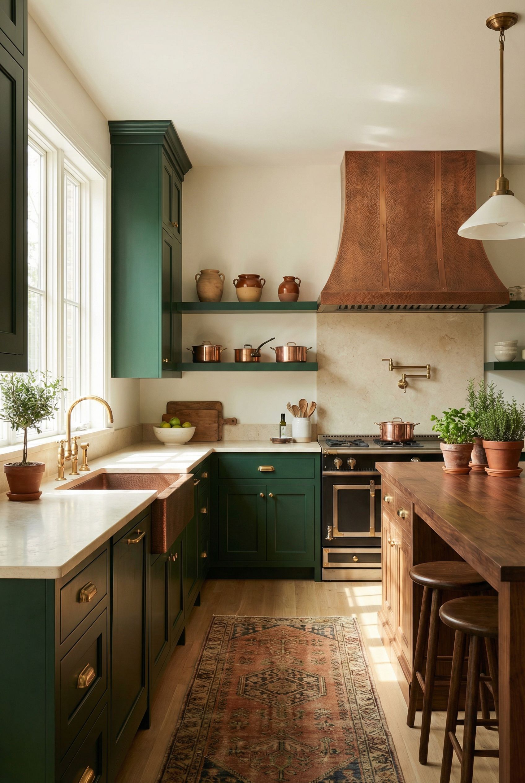 British Racing Green Kitchen with Copper Range Hood