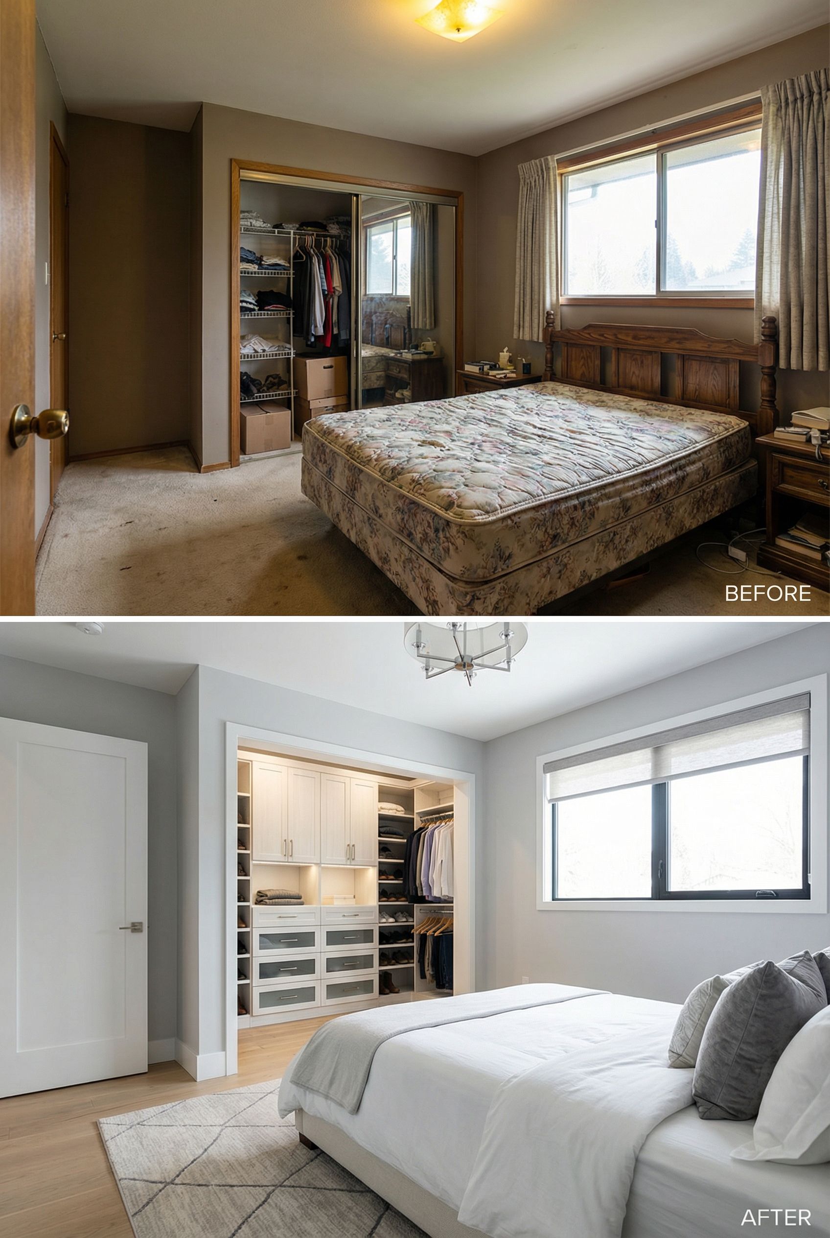 Builder-Grade Closet → Custom Shelving and Soft-Closing Drawer System