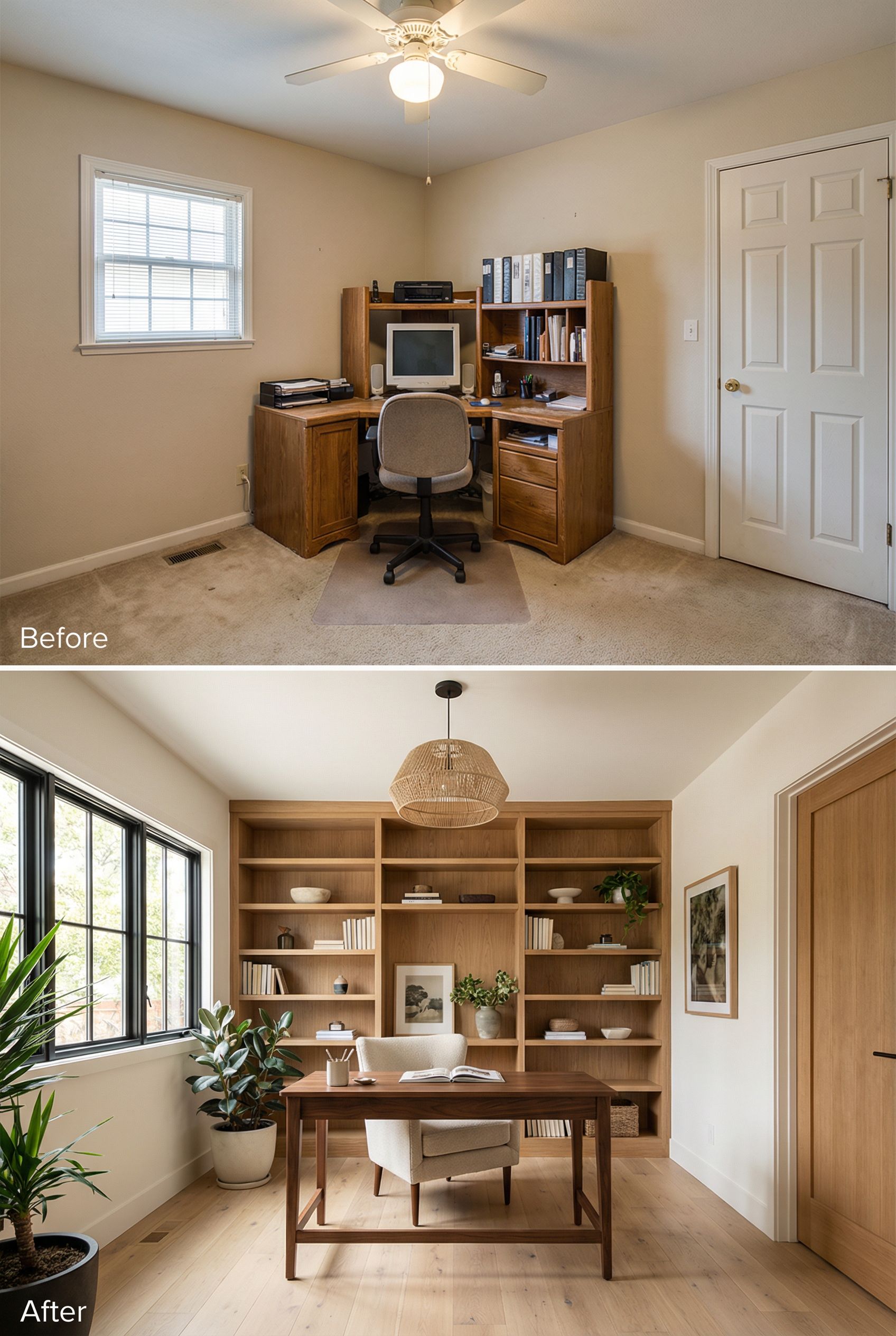 California Modern Home Office with a Two-Story Library Wall, Rolling Ladder, and Cozy Fireside Reading Space