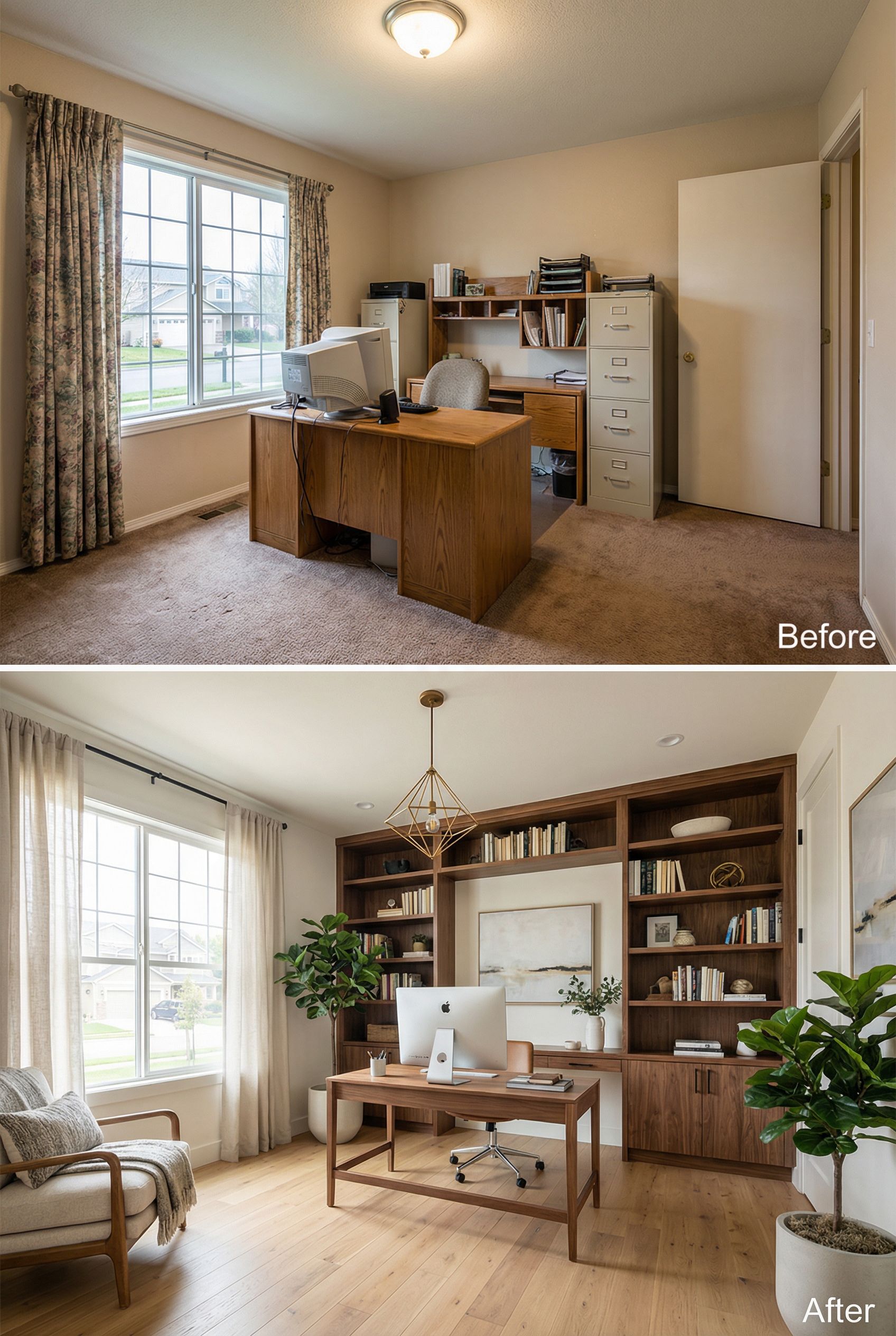 California Modern Home Office with Built-In Walnut Library Walls and a Cozy Reading Lounge Nook