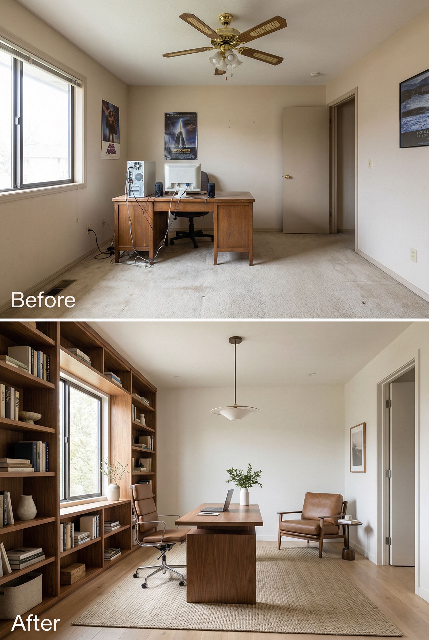 California Modern Home Office with Expansive Skylights, Sculptural Furniture, and a Floating Book Display