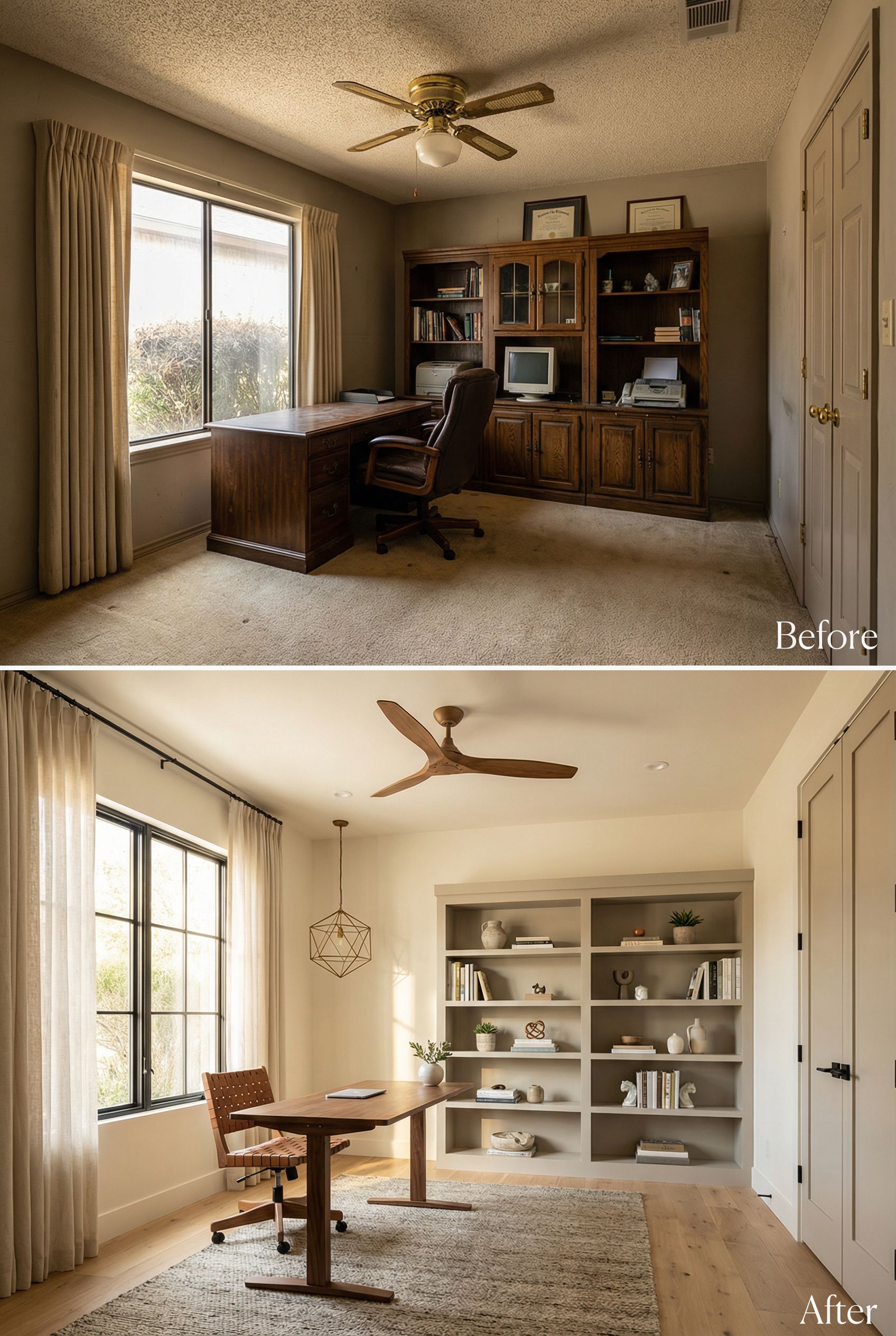 California Modern Home Office with Oversized Picture Window, Low Built-Ins, and a Plush Reading Daybed