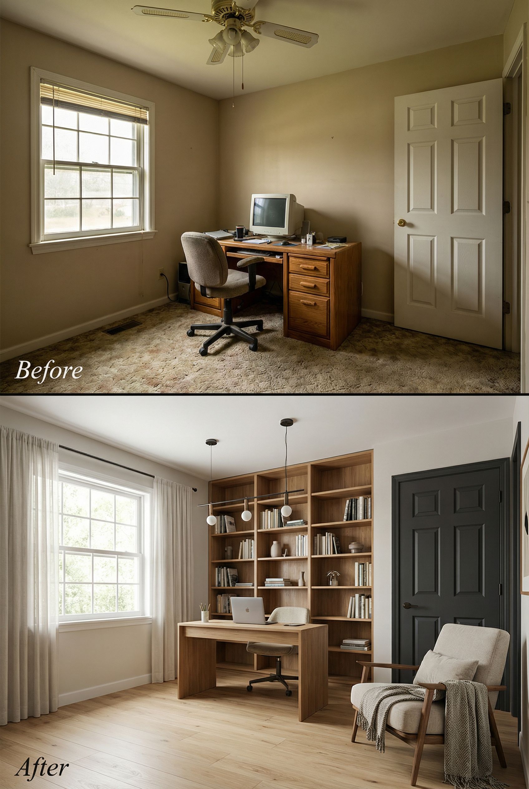 California Modern Home Office Wrapped in Natural Oak Paneling with Hidden Library Storage and a Curated Book Wall