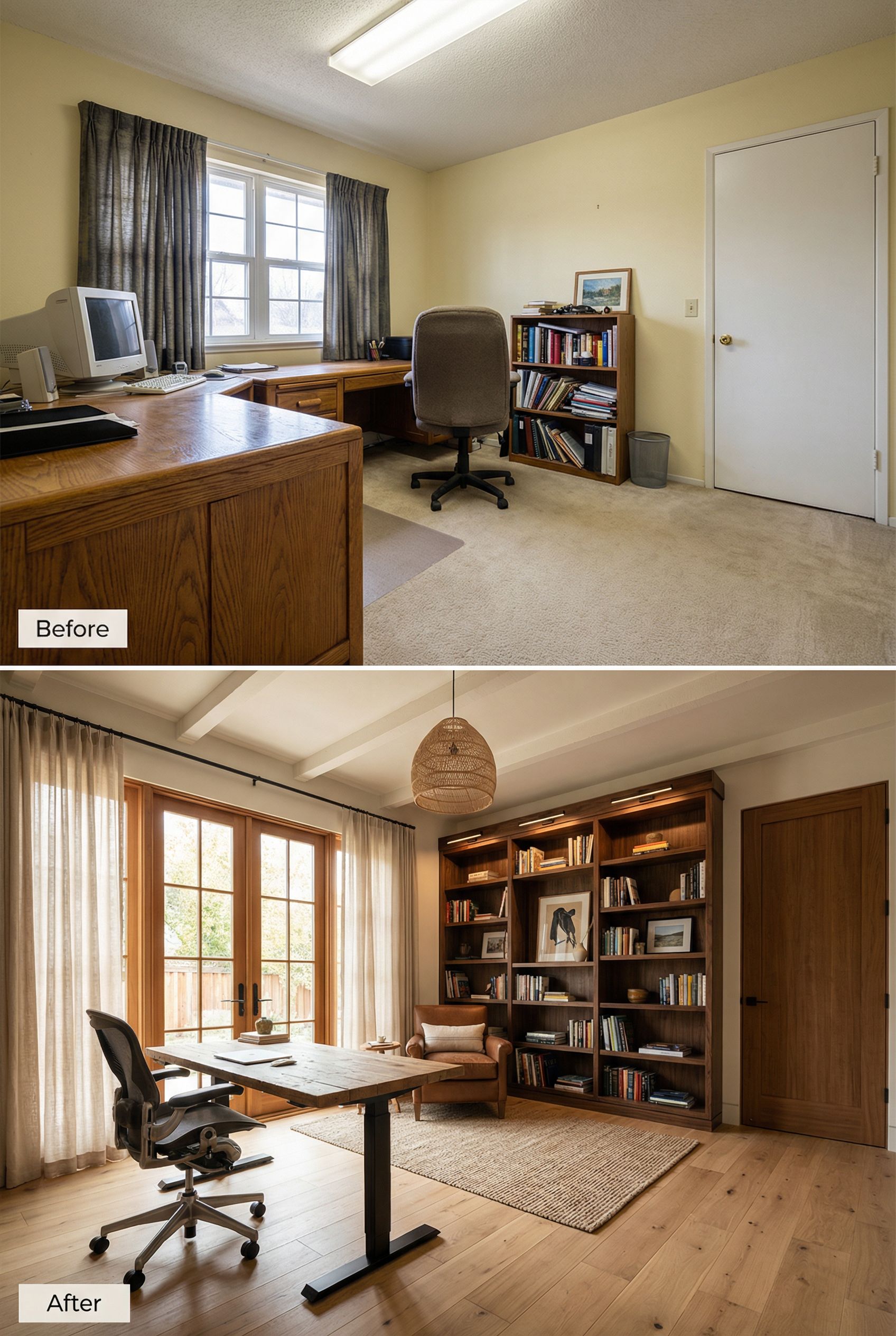 California Modern x Art Deco Office with Curved Library Shelving and Luxe Metallic Accents
