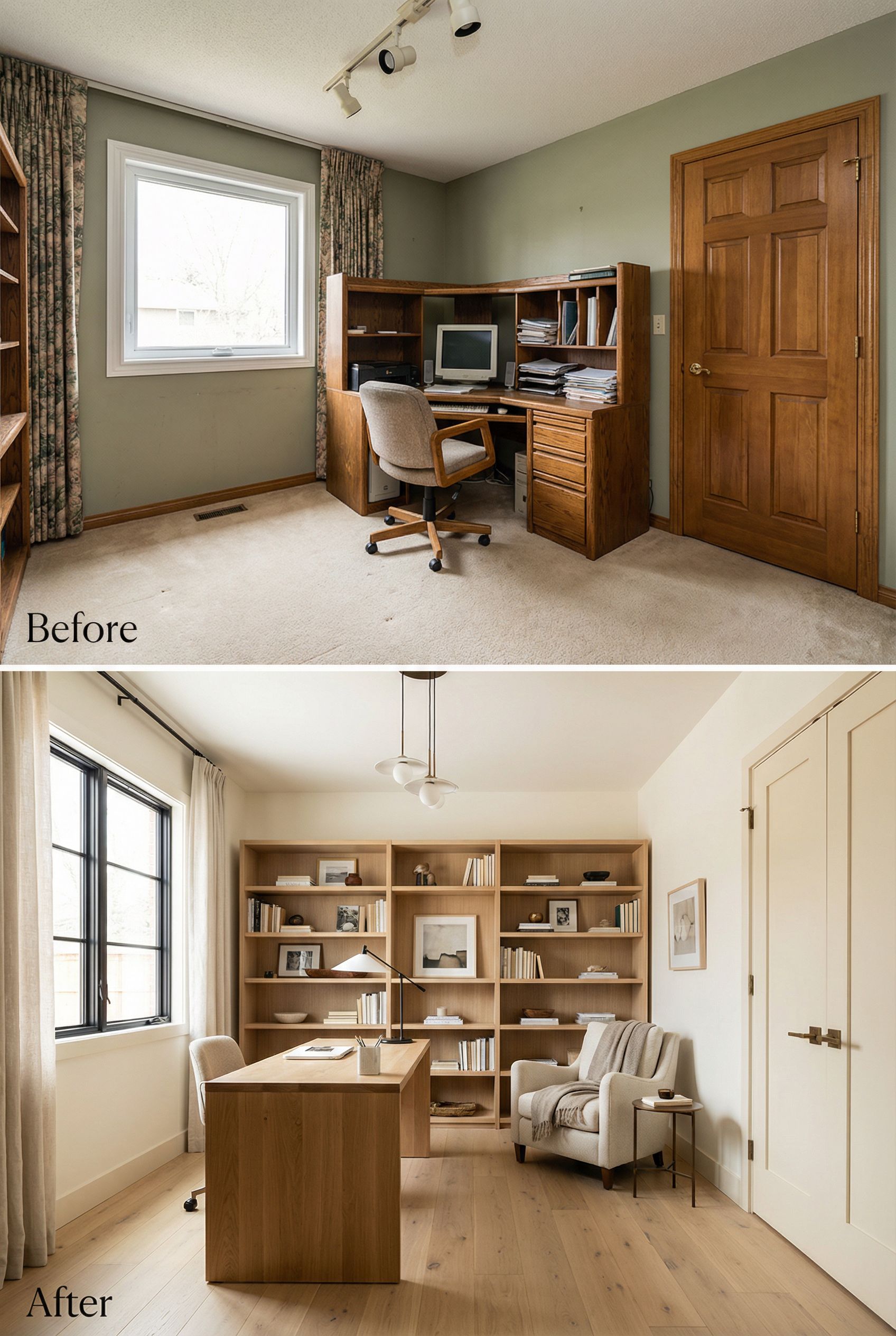 California Modern x Japandi Home Office with Sculptural Wood Shelving and Soft Neutral Tones for Serene Reading