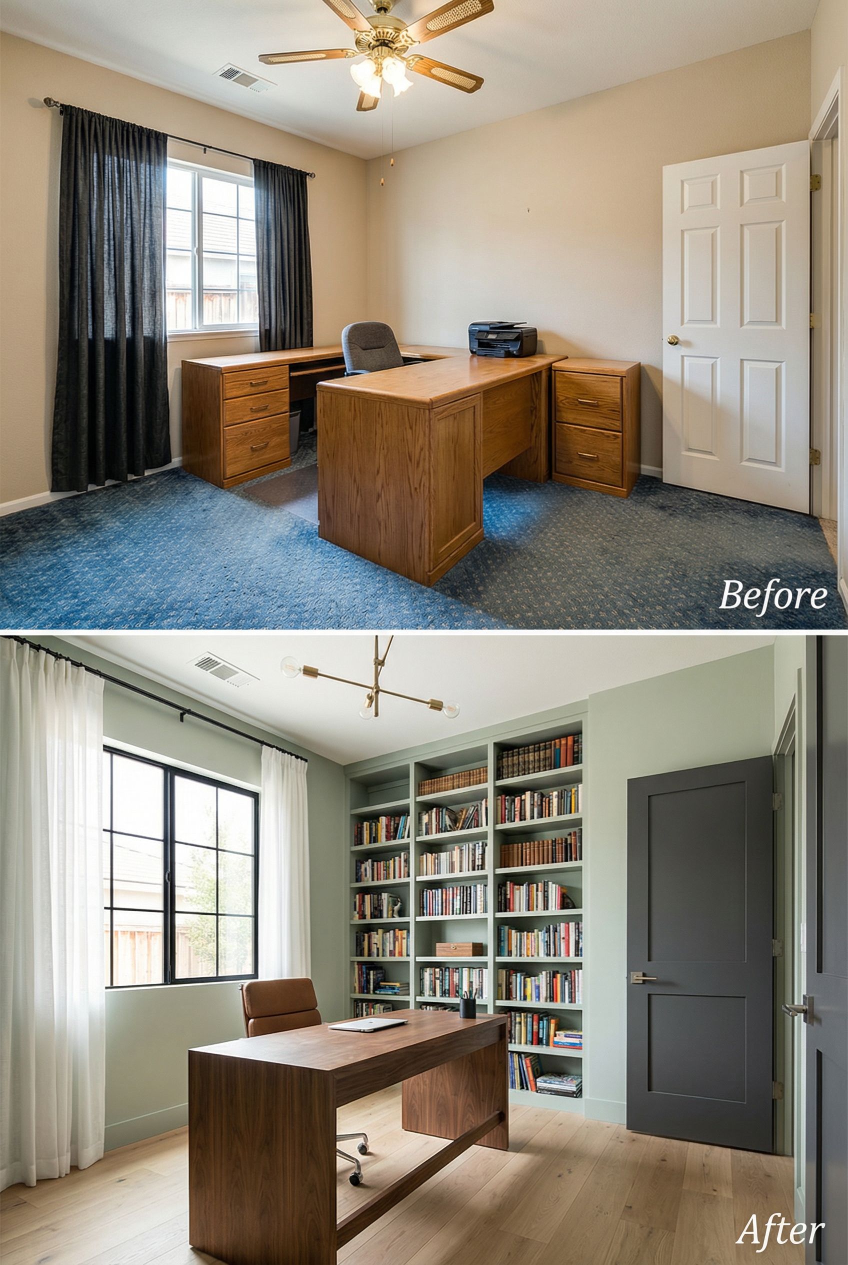 California Modern x Mid-Century Fusion Home Office with Iconic Wood Bookcases and a statement reading chair