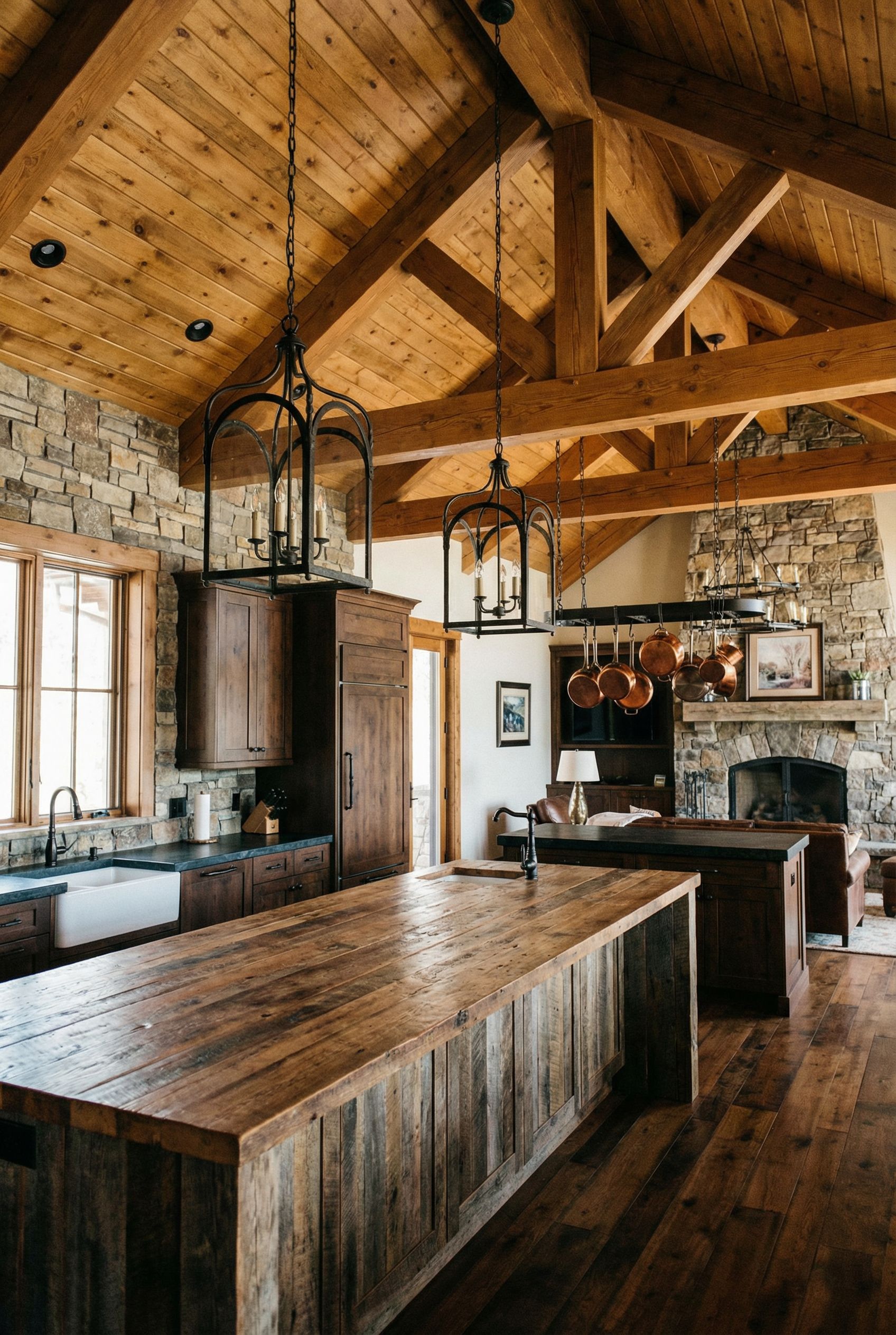 Chalet Kitchen Design with Cathedral Ceiling and Pendant Lighting