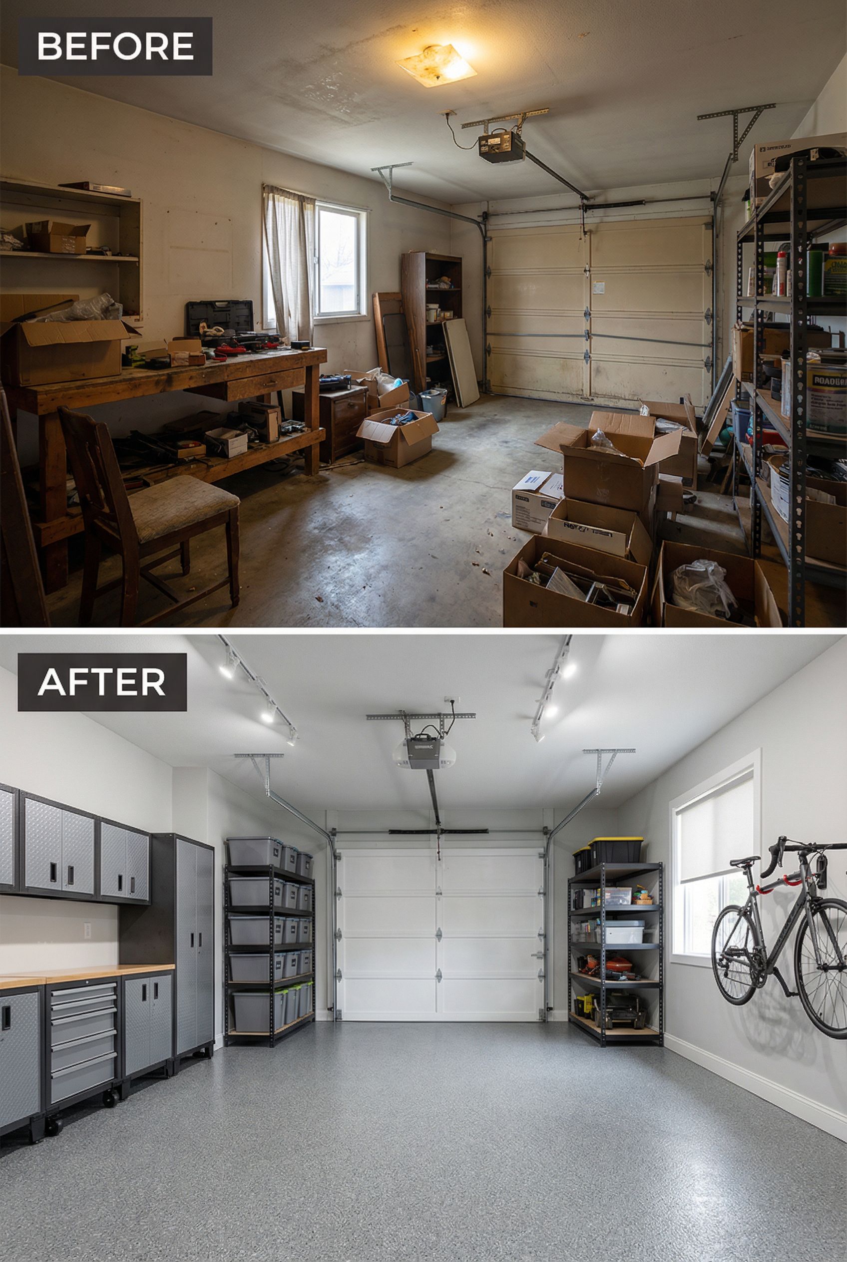Cluttered 90s Storage Garage → Sleek Modern Workshop