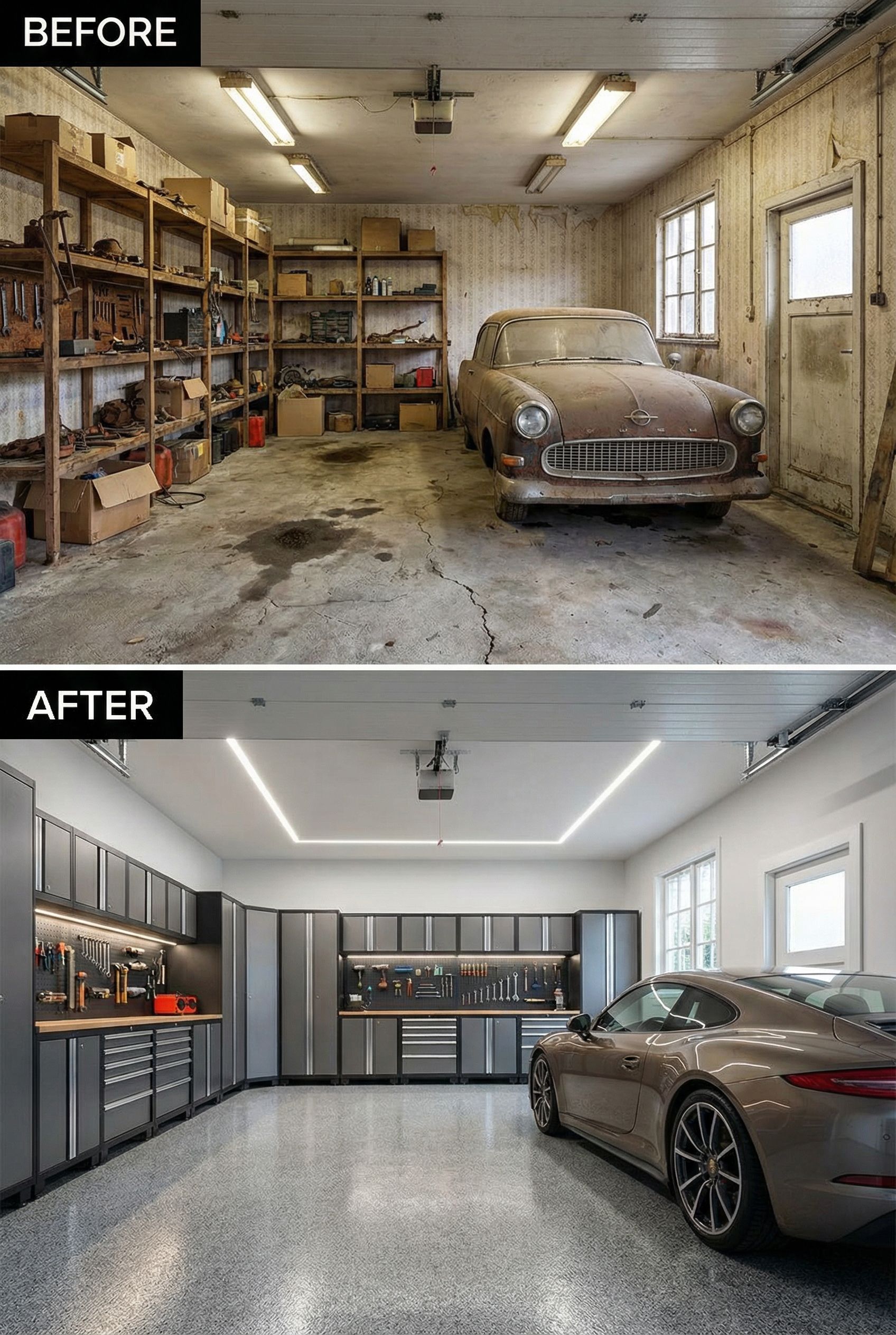 Cluttered 90s Storage Garage → Sleek Modern Workshop