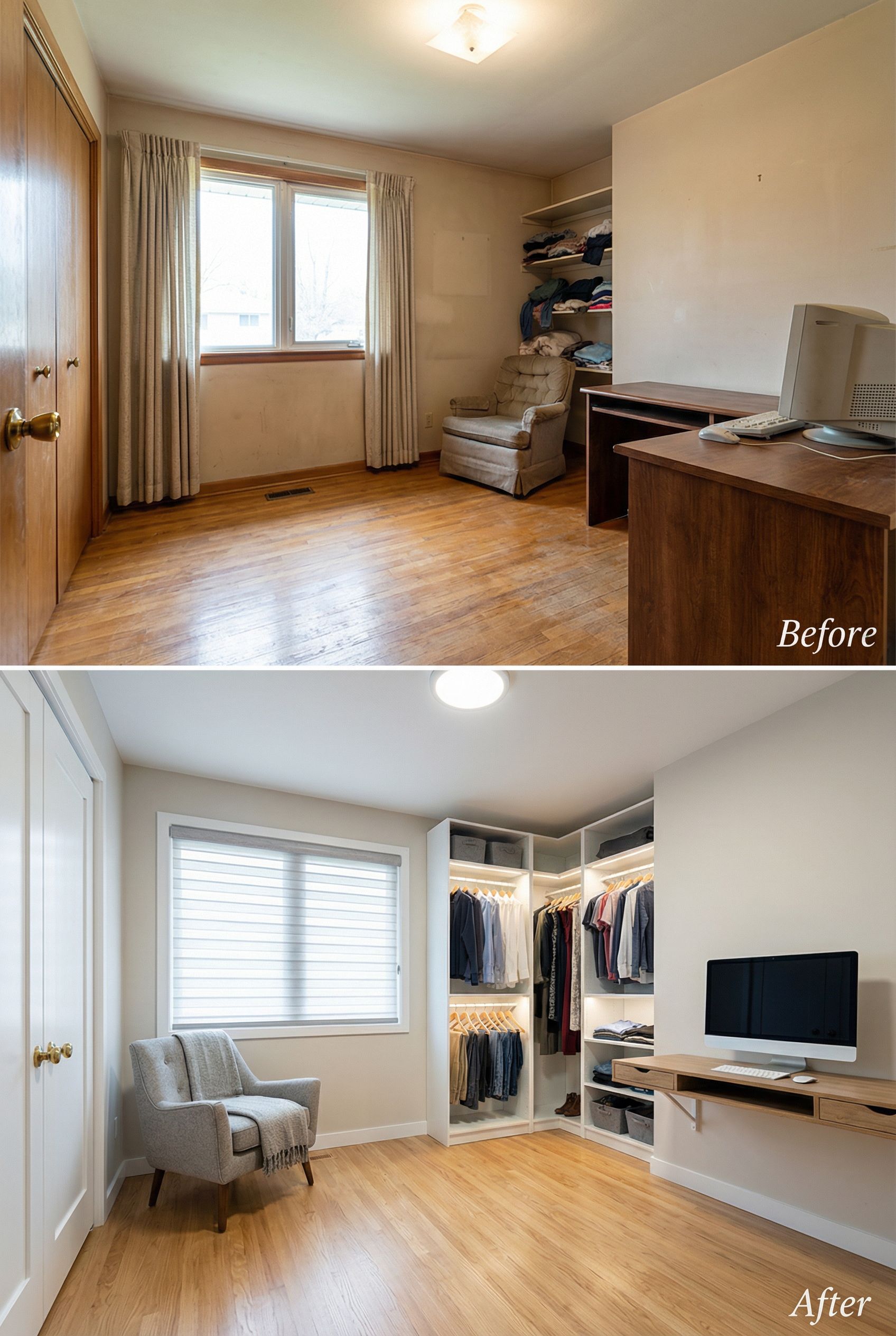 Cluttered Primary Closet → Glam Makeover with Mirror Wall and Lighting