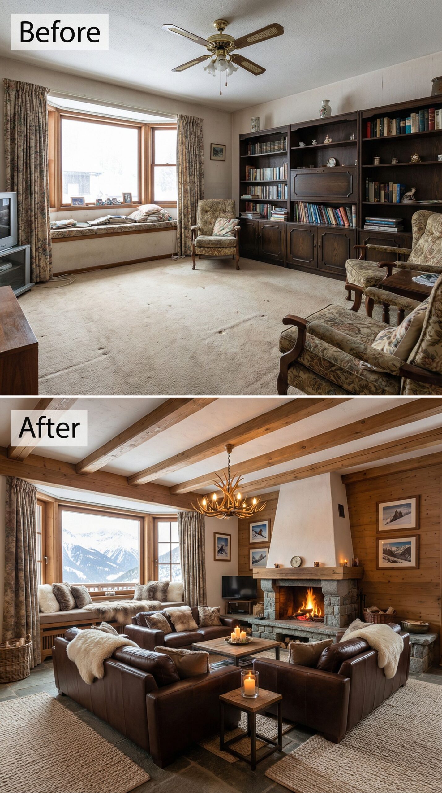 Cluttered Traditional Living Room → Minimalist Conversation Pit