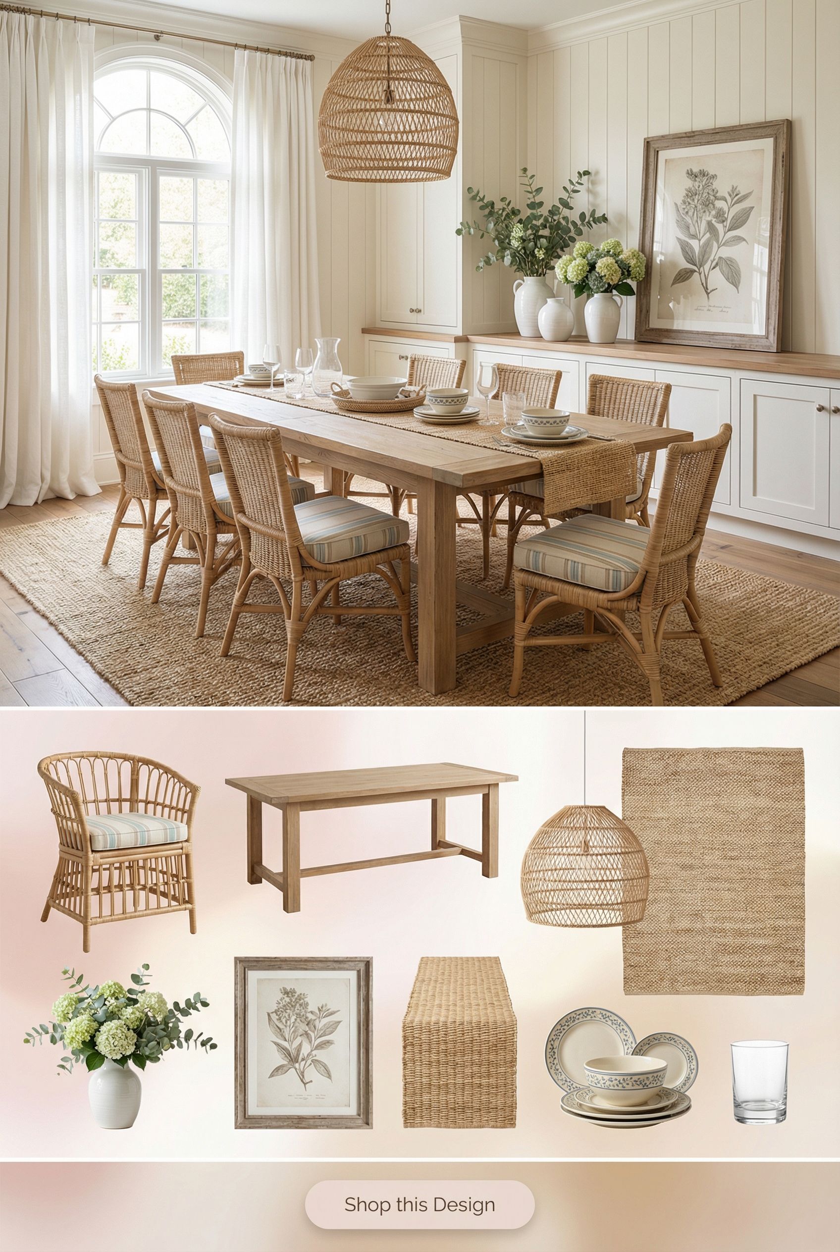Coastal French Dining Space with Painted Wood Panels and Rattan Accents