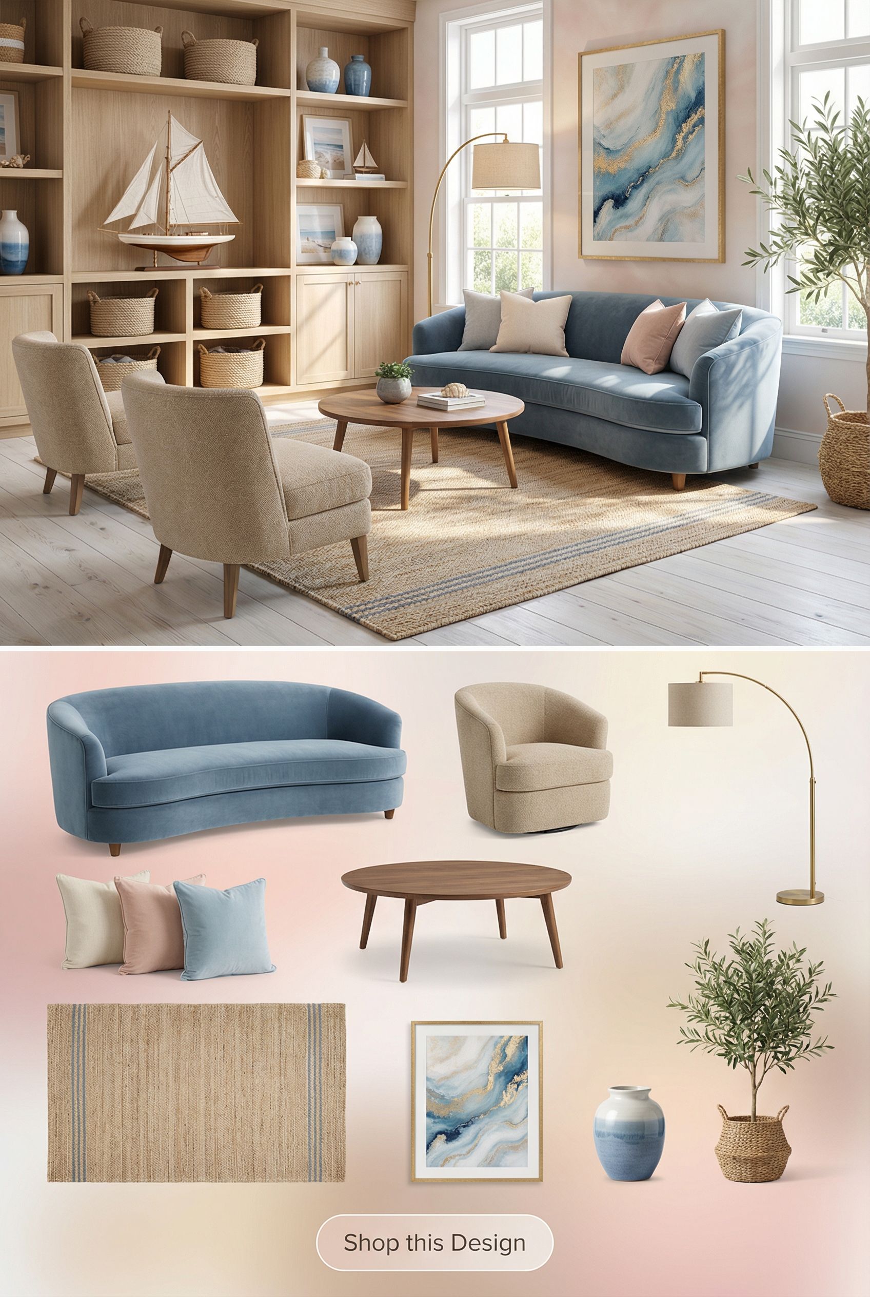 Coastal Themed Playroom with Rope Basket Storage and Nautical Accents