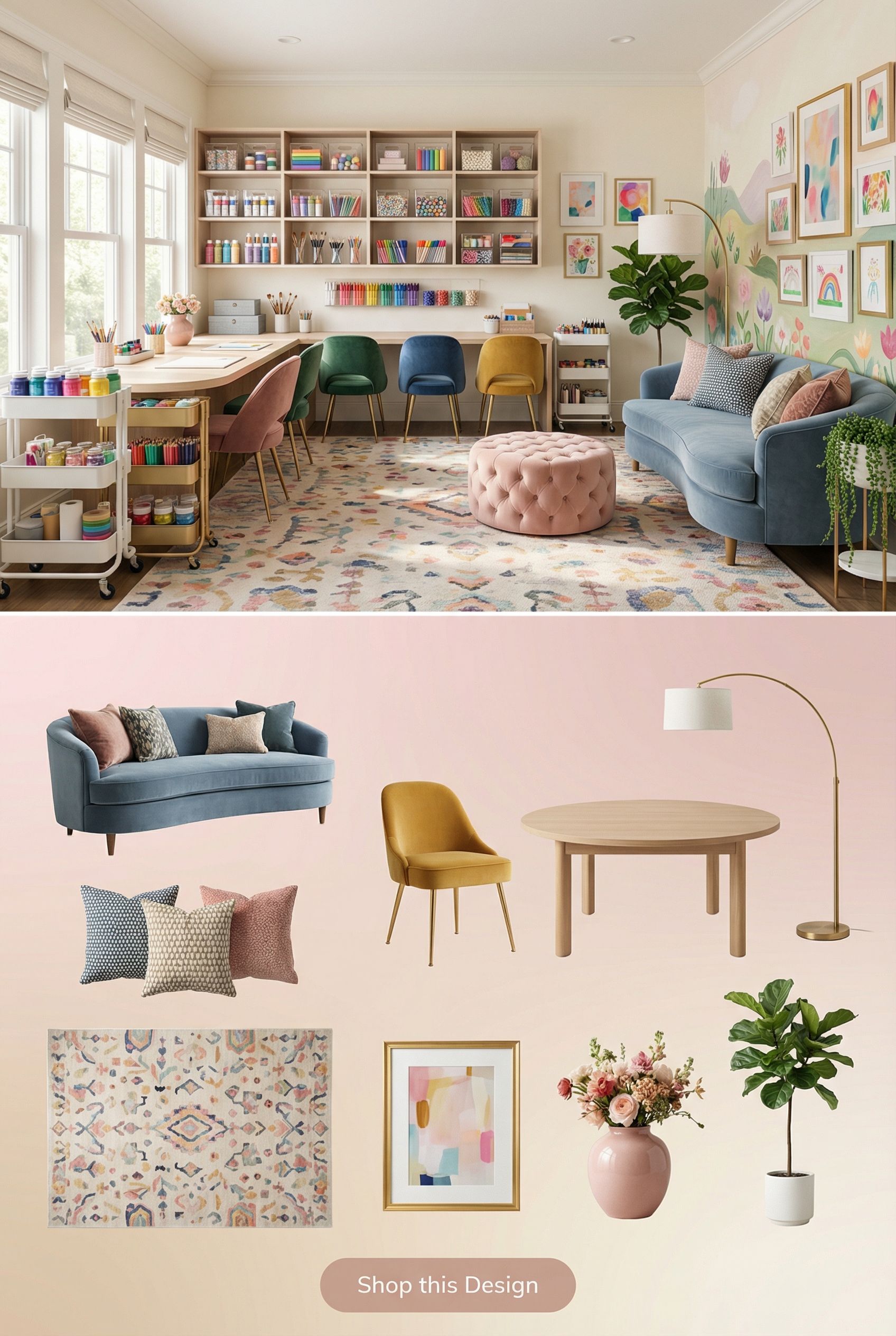 Colorful Art Studio Playroom with Clear Acrylic Bins and Supply Carts