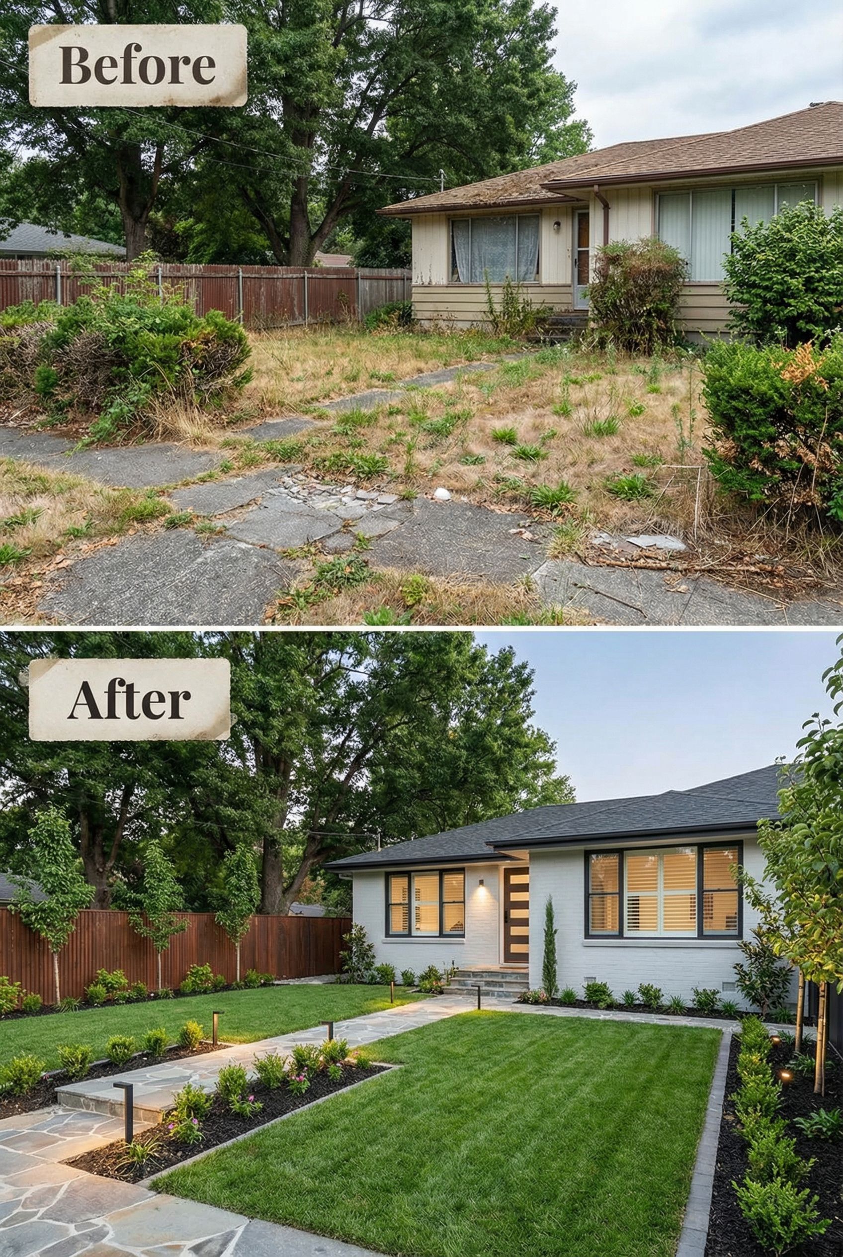 Concrete Dominated Yard → Soft Naturalized Meadow Garden